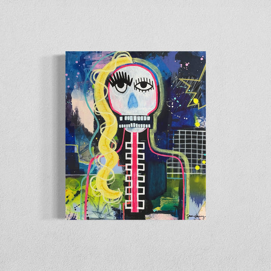 An abstract expressionist painting featuring a stylized skull with bold graffiti and street art elements. The artwork showcases a modern, vibrant color palette with chaotic brushstrokes, geometric patterns, and energetic splashes of paint. The skull has exaggerated eyelashes, a skeletal structure, and flowing blonde hair, blending surreal and urban aesthetics. The background consists of layered textures, electric blues, neon yellows, and dynamic grid-like patterns, evoking a sense of movement.
