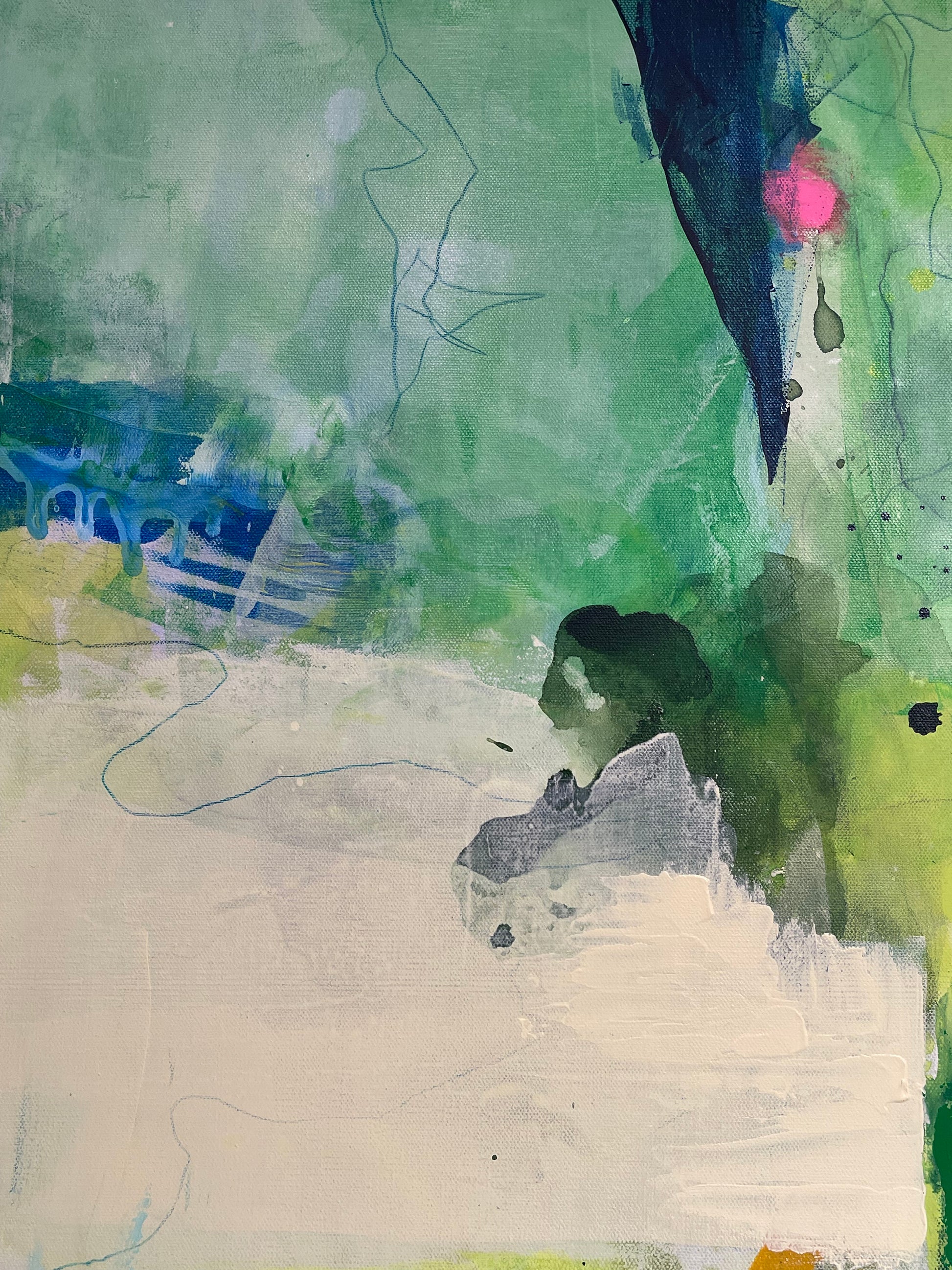 Abstract art with green, blue, and beige colors