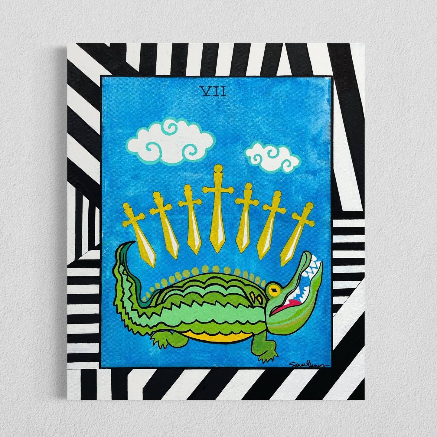 Seven of Swords Gator, 20"x24" Original Abstract Expressionist Painting