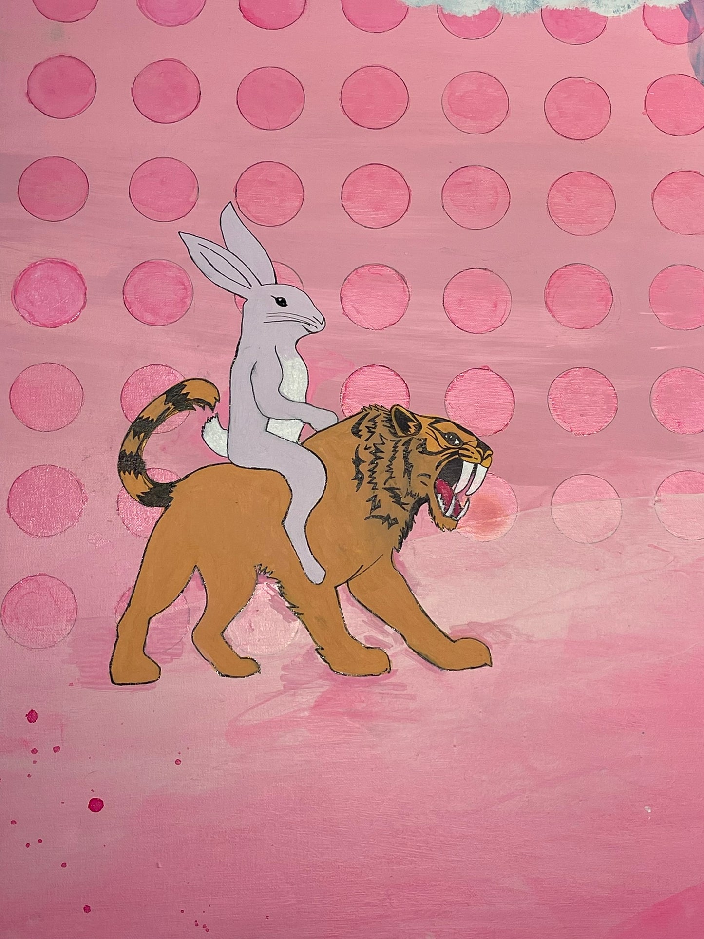 Expressionist painting of a rabbit riding a tiger on a pink polka dot background by emerging artist Sarah Henry.