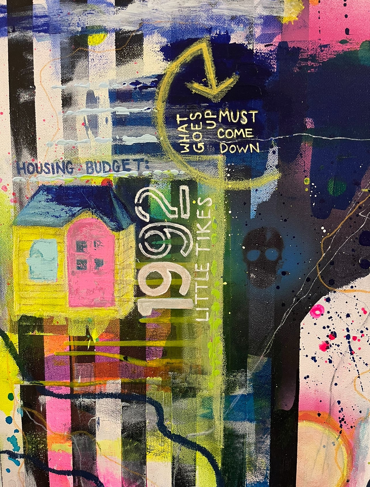 An original 30"x40" painting by Chicago Artist Sarah Henry in abstract expressionist style with graffiti and street art elements, zoomed into to show the detail of a yellow early 1990s Little Tikes Playhouse with pink door and blue roof. The art showcases the struggle of economic mobility for the working, middle, and lower classes with visual commentary on the housing crises, student loan debt, global warming, economic volatility, increasing cost of living, and flat wage growth.