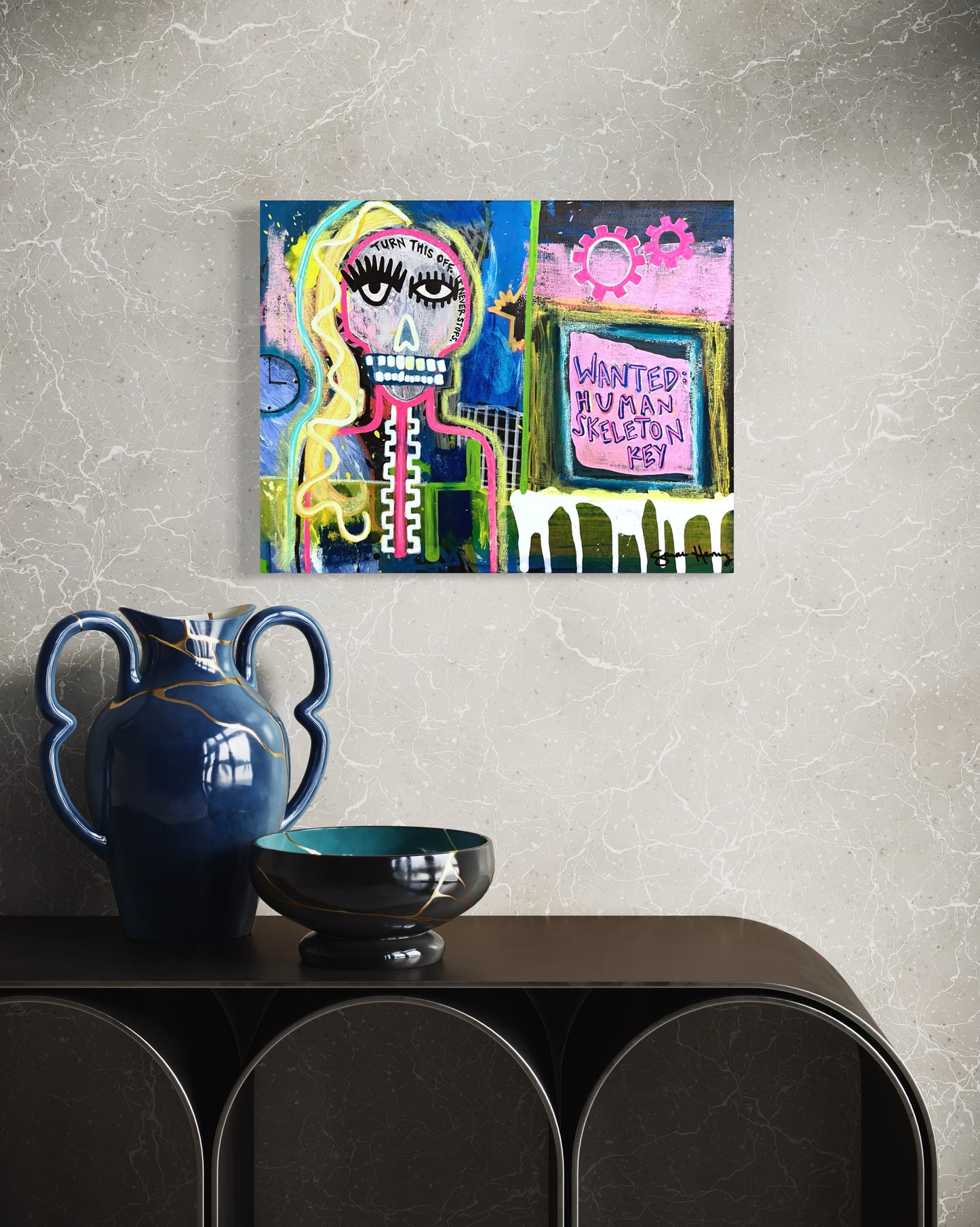 Human Skeleton Key, 11"x14" Abstract Expressionist Skull Painting