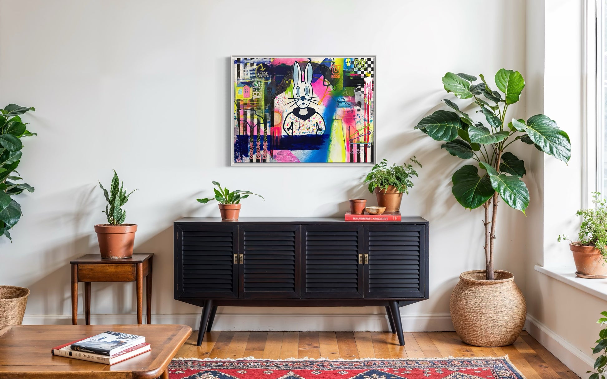 An original 30"x40" painting by Chicago Artist Sarah Henry in abstract expressionist style with graffiti and street art elements hangs on a white wall. The art showcases the struggle of economic mobility for the working, middle, and lower classes with visual commentary on the housing crises, student loan debt, global warming, economic volatility, increasing cost of living, and flat wage growth. It sits above a black cabinet with green plants surrounding it.