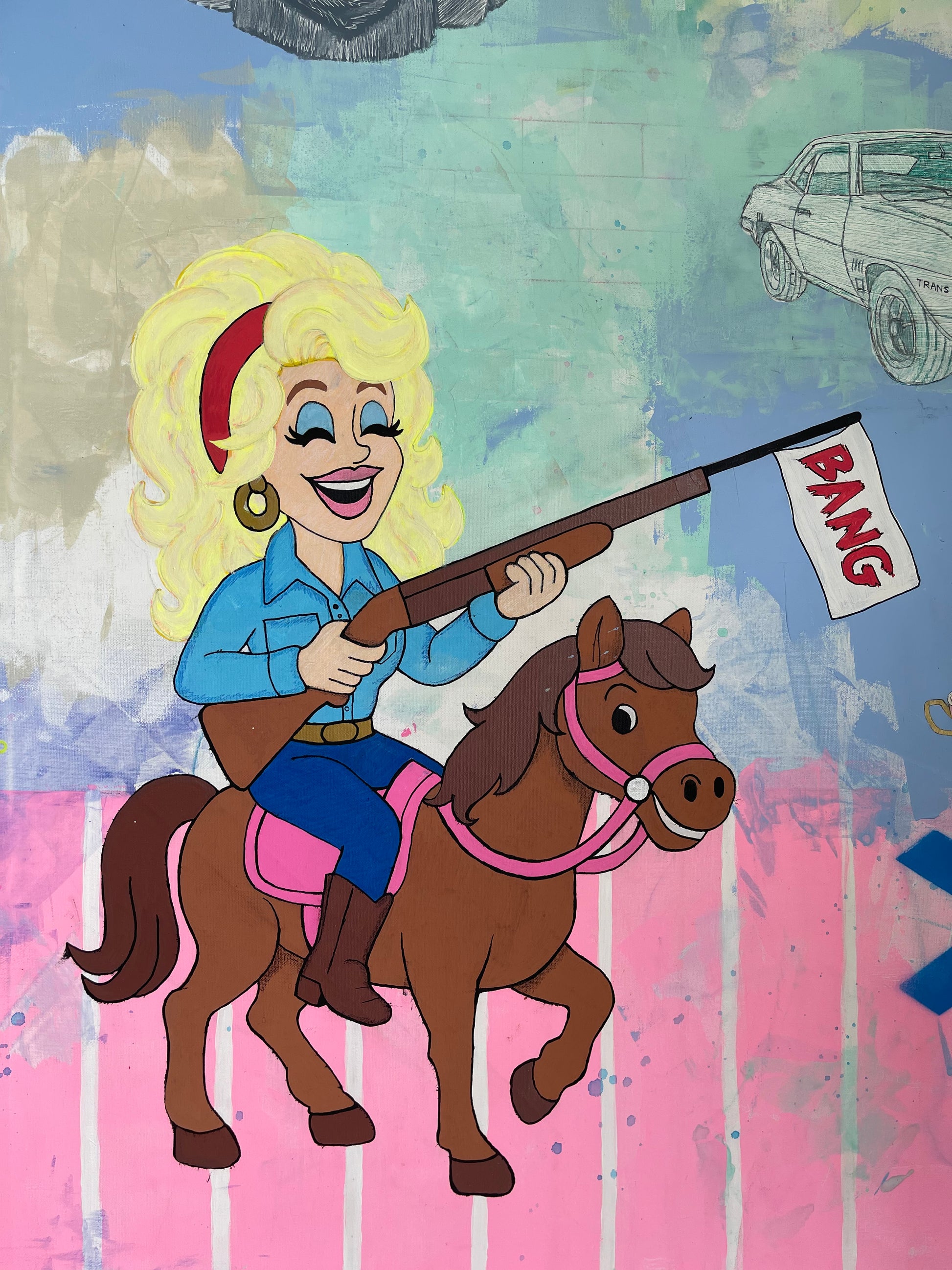 Cartoon character of Dolly Parton and a horse holding a 'Bang' flag against a colorful background.