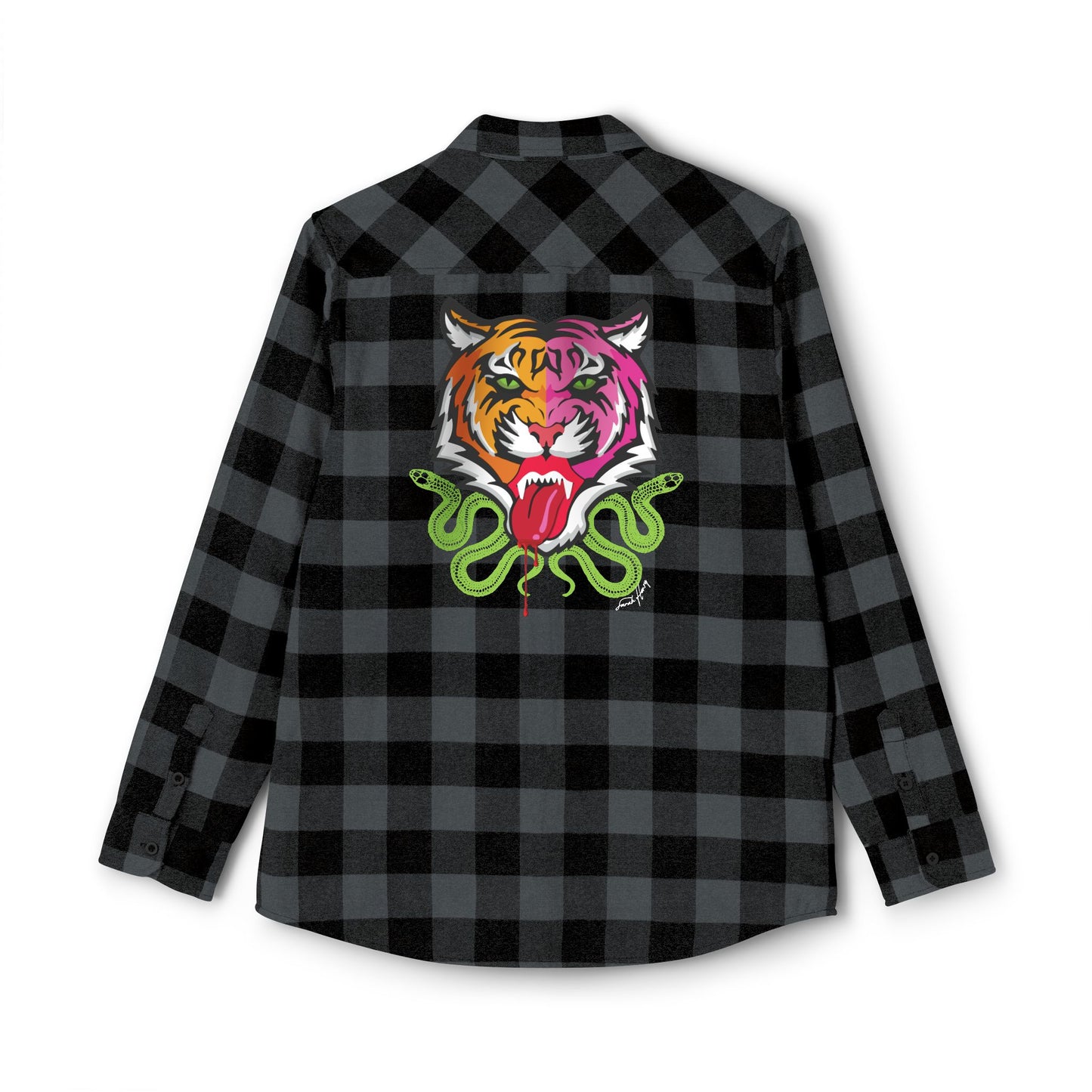 Unisex black and gray buffalo plaid flannel shirt featuring a bold graphic on the back of a split neon tiger face in orange and pink, with red tongue and green snakes. The artwork, designed by Sarah Henry, adds a fierce streetwear vibe to classic fall fashion.