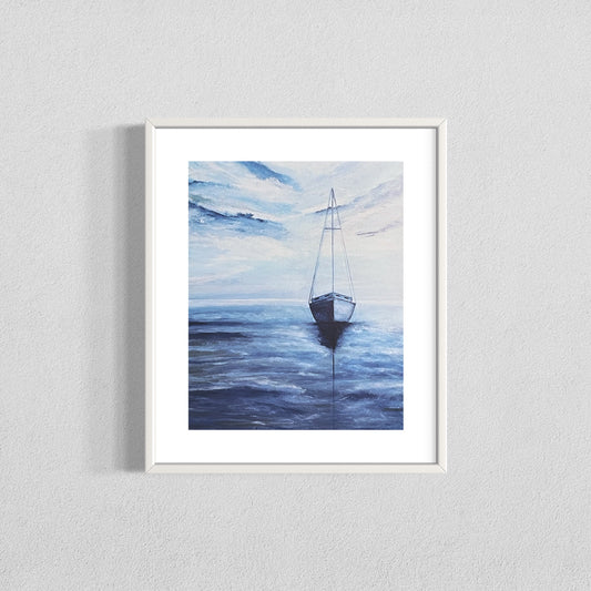 Fine Art Print of Smooth Sailing, giclee print of acrylic ocean painting with a solitary sailboat in blue