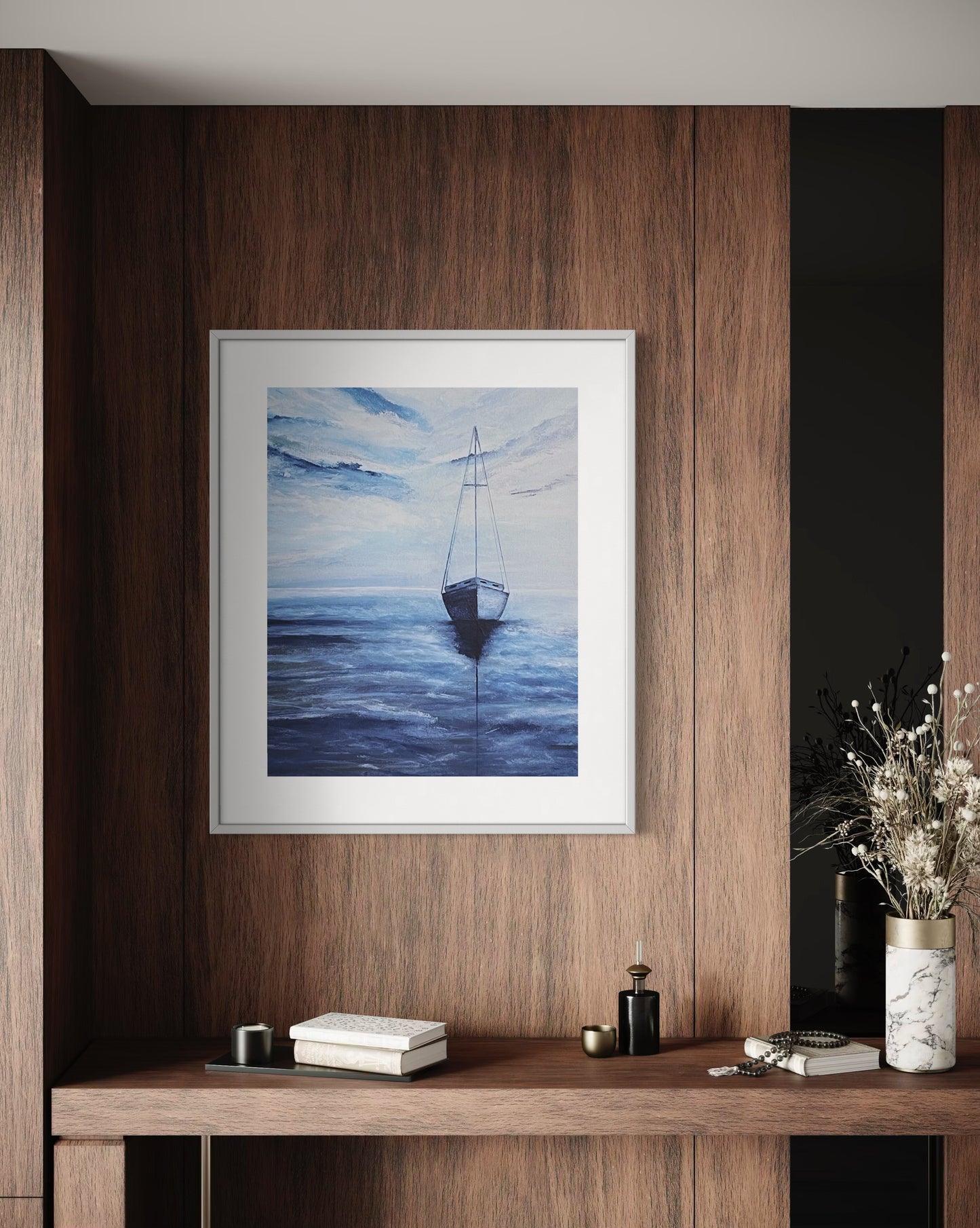 Fine Art Print of Smooth Sailing, giclee print of acrylic ocean painting with a solitary sailboat in blue