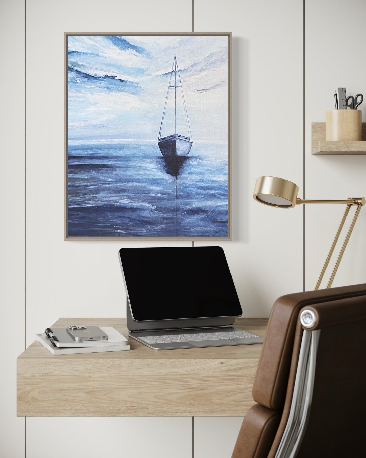 Smooth Sailing, 16"x20" original acrylic ocean painting of a solitary sailboat in blue