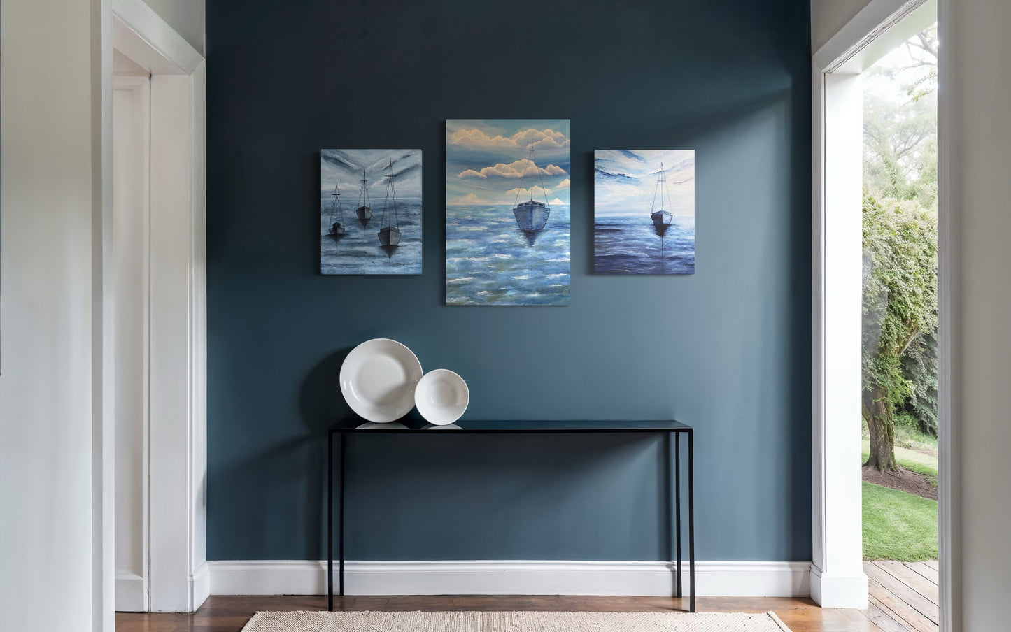 Monroe Harbor Chicago, 20"x24" original acrylic ocean painting of a solitary sailboat in blue