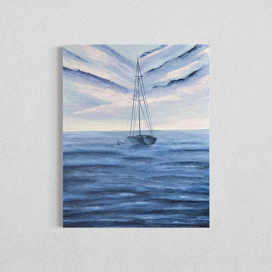 Stay Anchored, 20"x24" original acrylic ocean painting of a solitary sailboat in blue