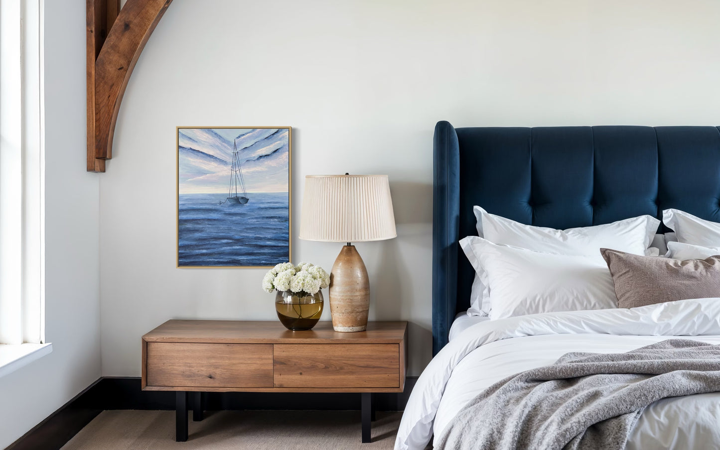 Stay Anchored, 20"x24" original acrylic ocean painting of a solitary sailboat in blue