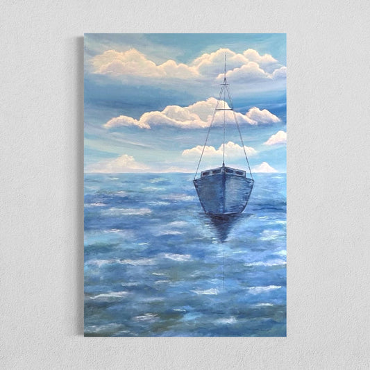 Solitude at Monroe Harbor, 24"x36" original acrylic ocean painting of a solitary sailboat in monochromatic blues