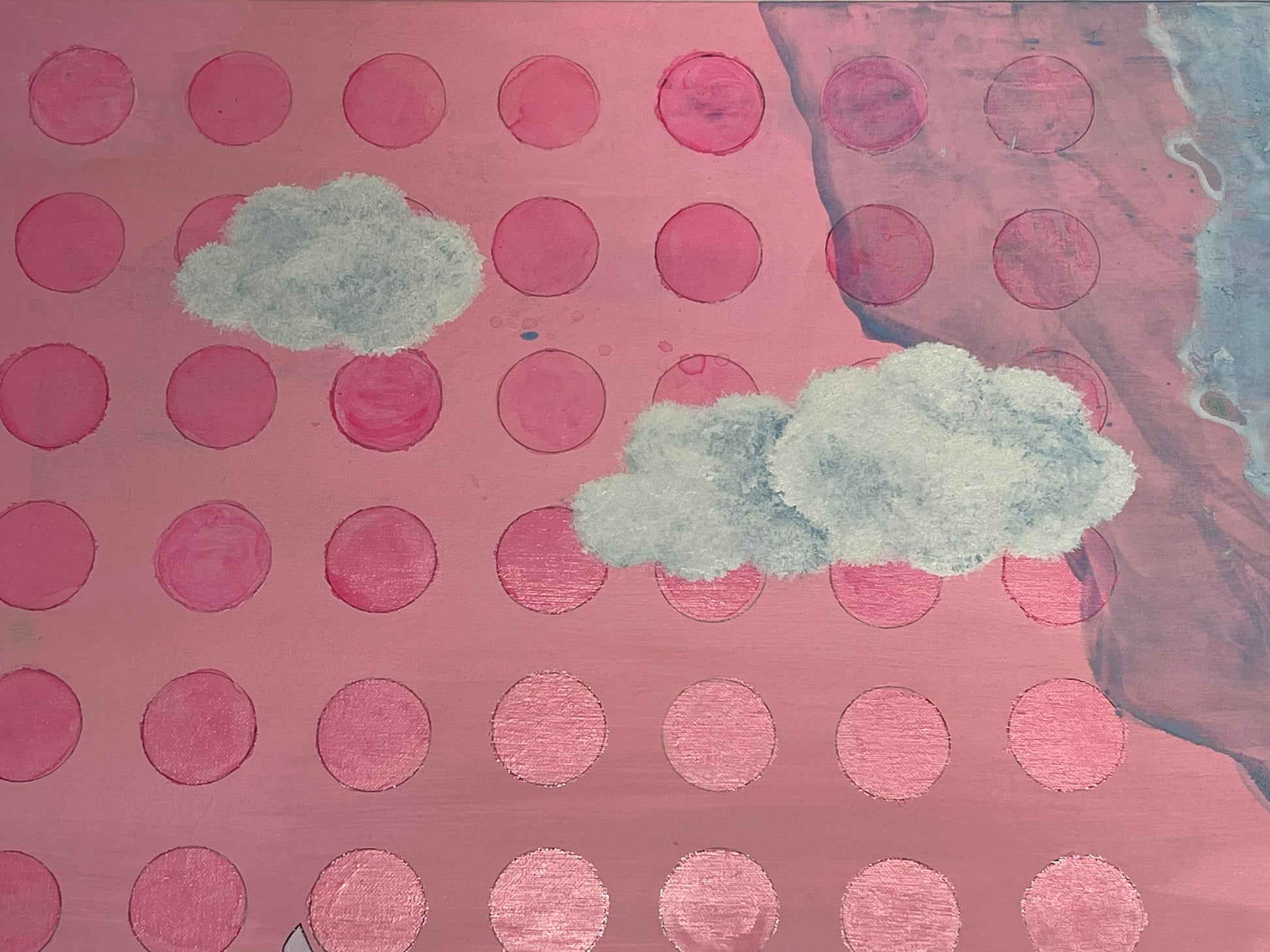 Interesting artwork with hand painted pink polka dot pattern and two white cloud-like shapes on a textured pink expressionism background