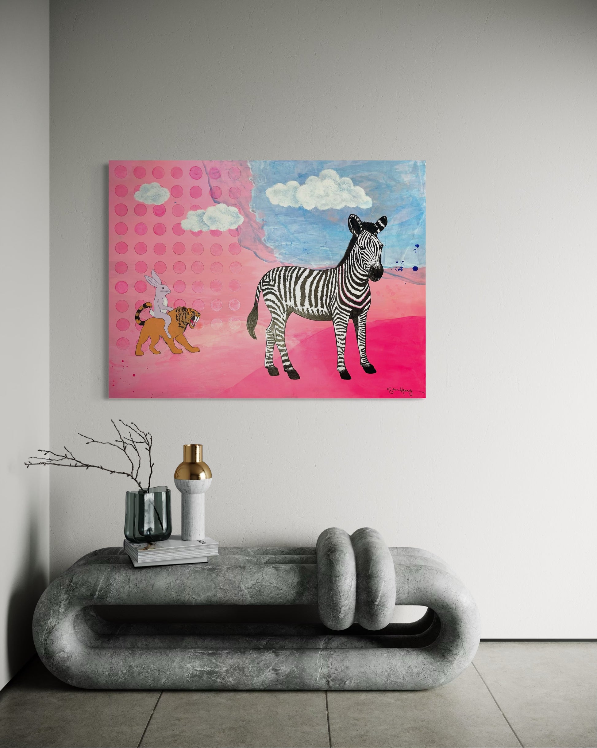 Interesting artwork painting with zebra, rabbit riding a tiger, pink-blue abstract expressionism background in hallway.
