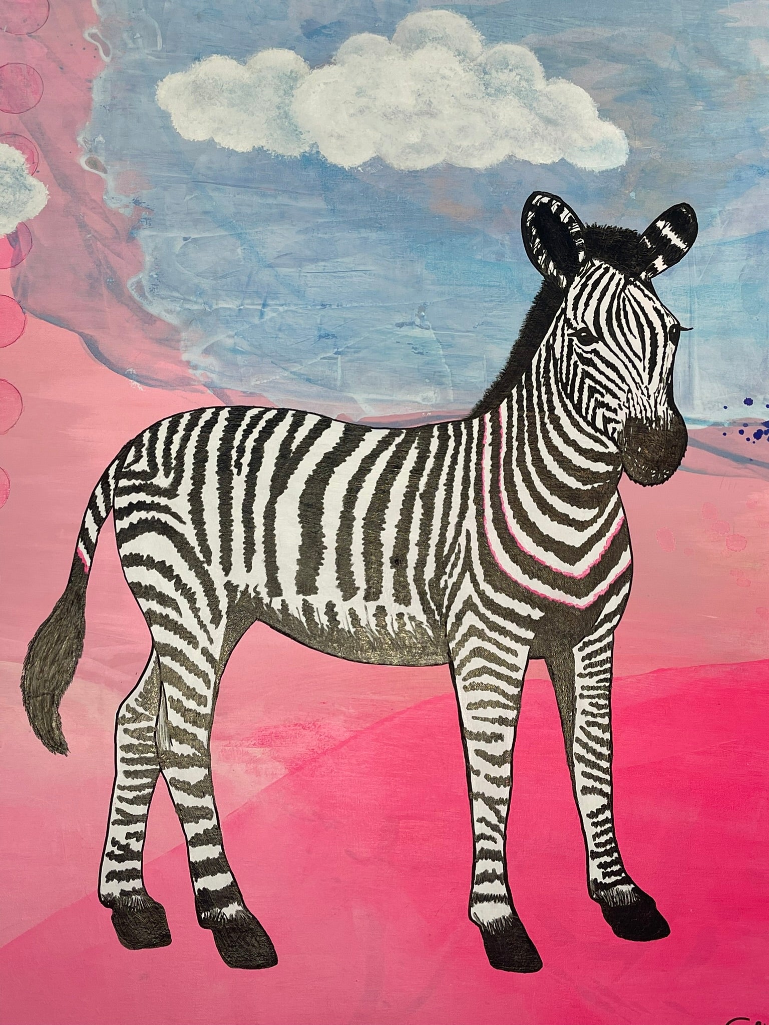 Interesting artwork painting with zebra, rabbit riding a tiger, pink-blue abstract expressionism background, zoomed in on zebra