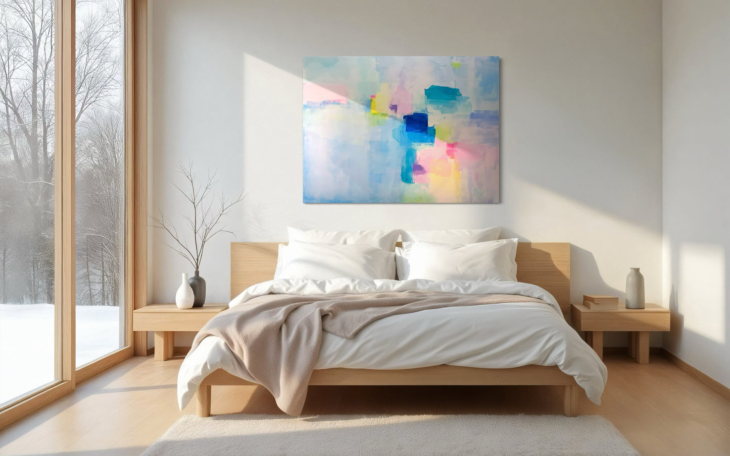 Large abstract art featuring ethereal soft pastel tones of pink, blue, teal, and yellow in a bedroom.