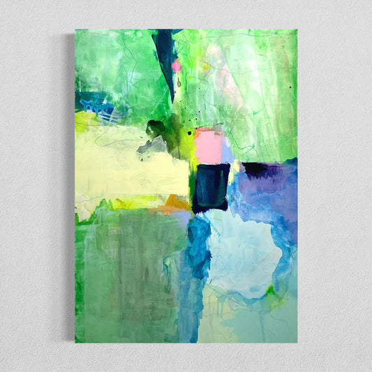 A large abstract painting dominated by shades of green with accents of blue, purple, pink, and yellow. The composition blends layered textures, brushstrokes, and geometric blocks of color, including a deep navy square and soft pastel areas. The overall effect is vibrant and organic, evoking the feeling of nature and movement within an abstract landscape.