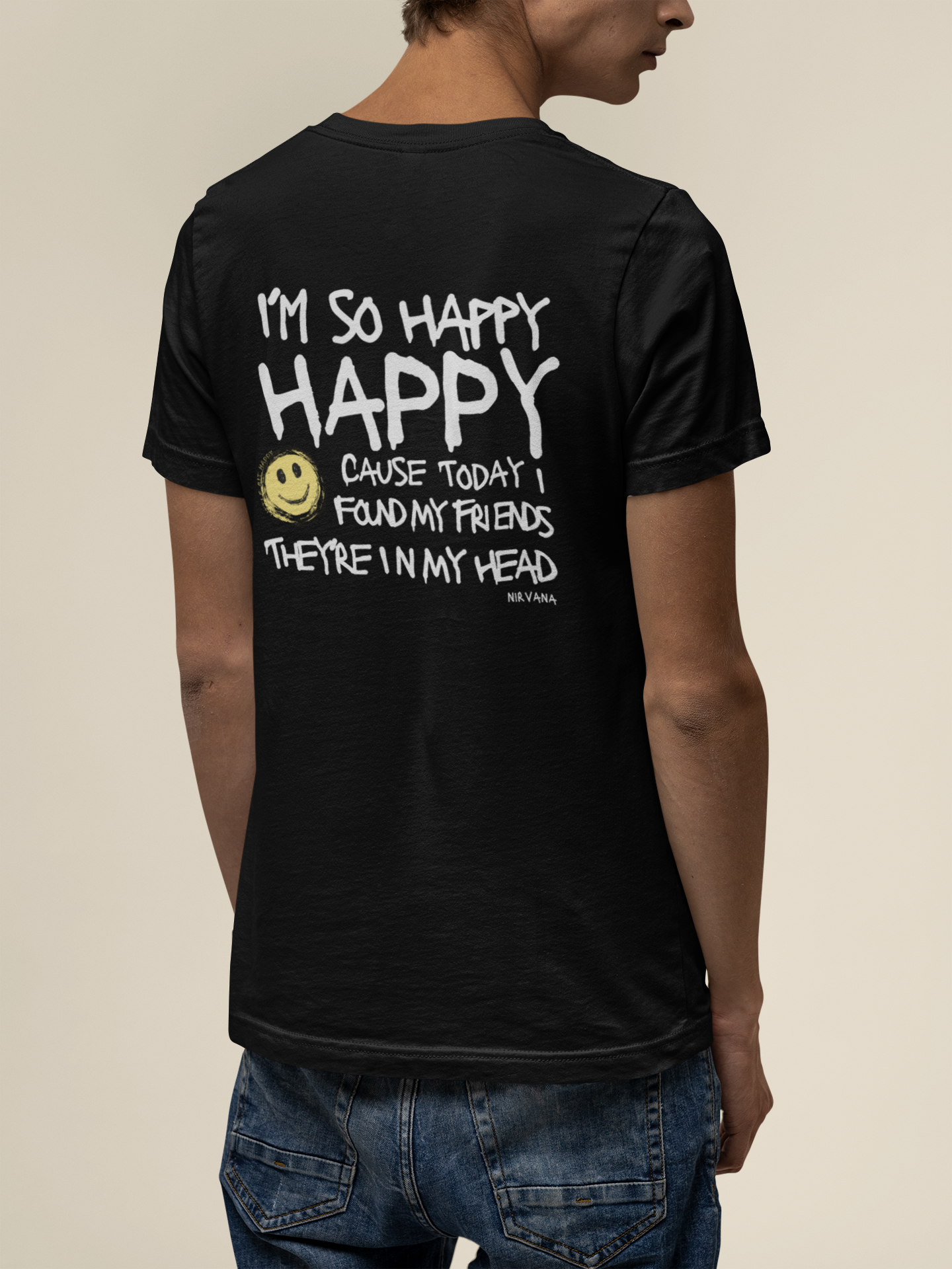 Unisex V-neck Nirvana shirt in black, featuring the phrase 'I'm So Happy' with a smiley face graphic and text shown on the back.