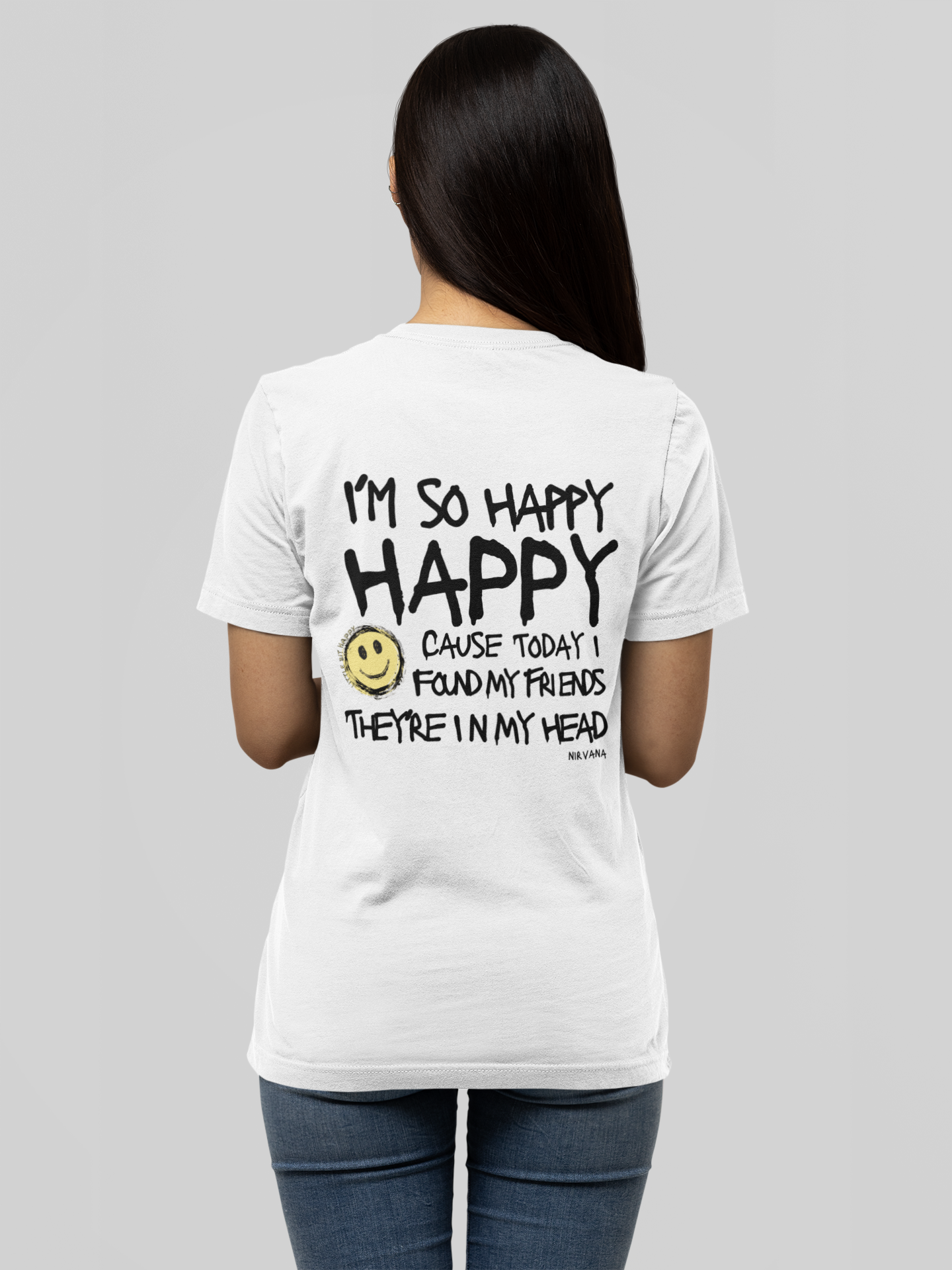 Unisex V-neck Nirvana shirt in white, featuring the phrase 'I'm So Happy' with a smiley face graphic and text shown on the back.