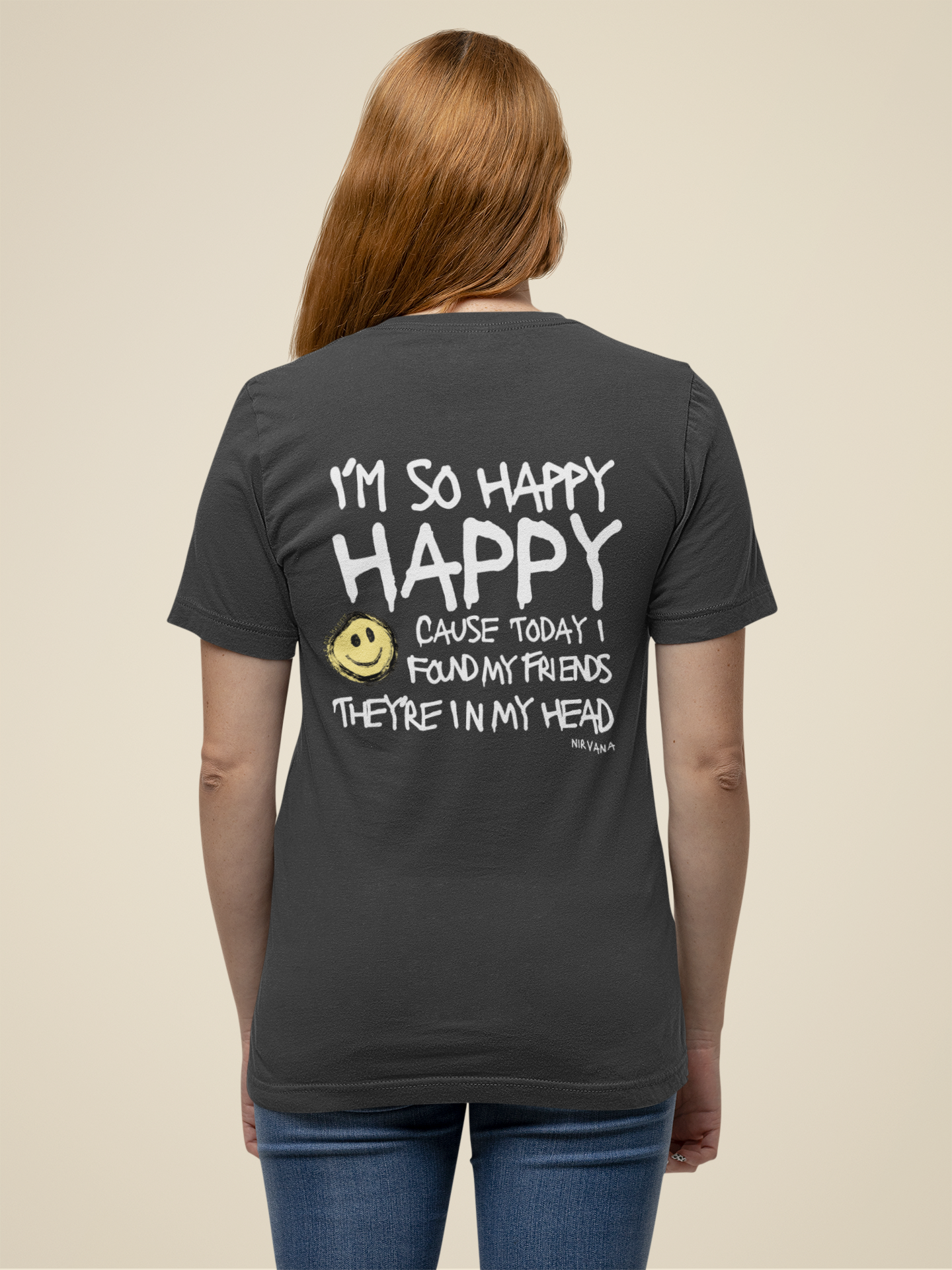 Unisex V-neck Nirvana shirt in gray, featuring the phrase 'I'm So Happy' with a smiley face graphic and text shown on the back.