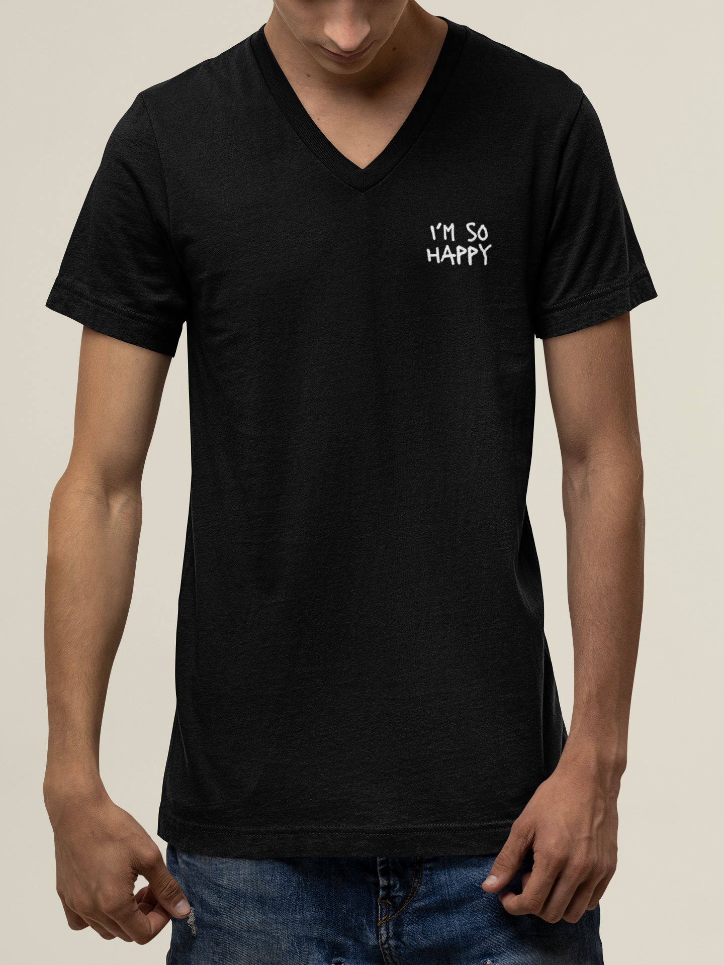 Unisex V-neck Nirvana shirt in black, featuring the phrase 'I'm So Happy' with a smiley face graphic and text on the front and back.