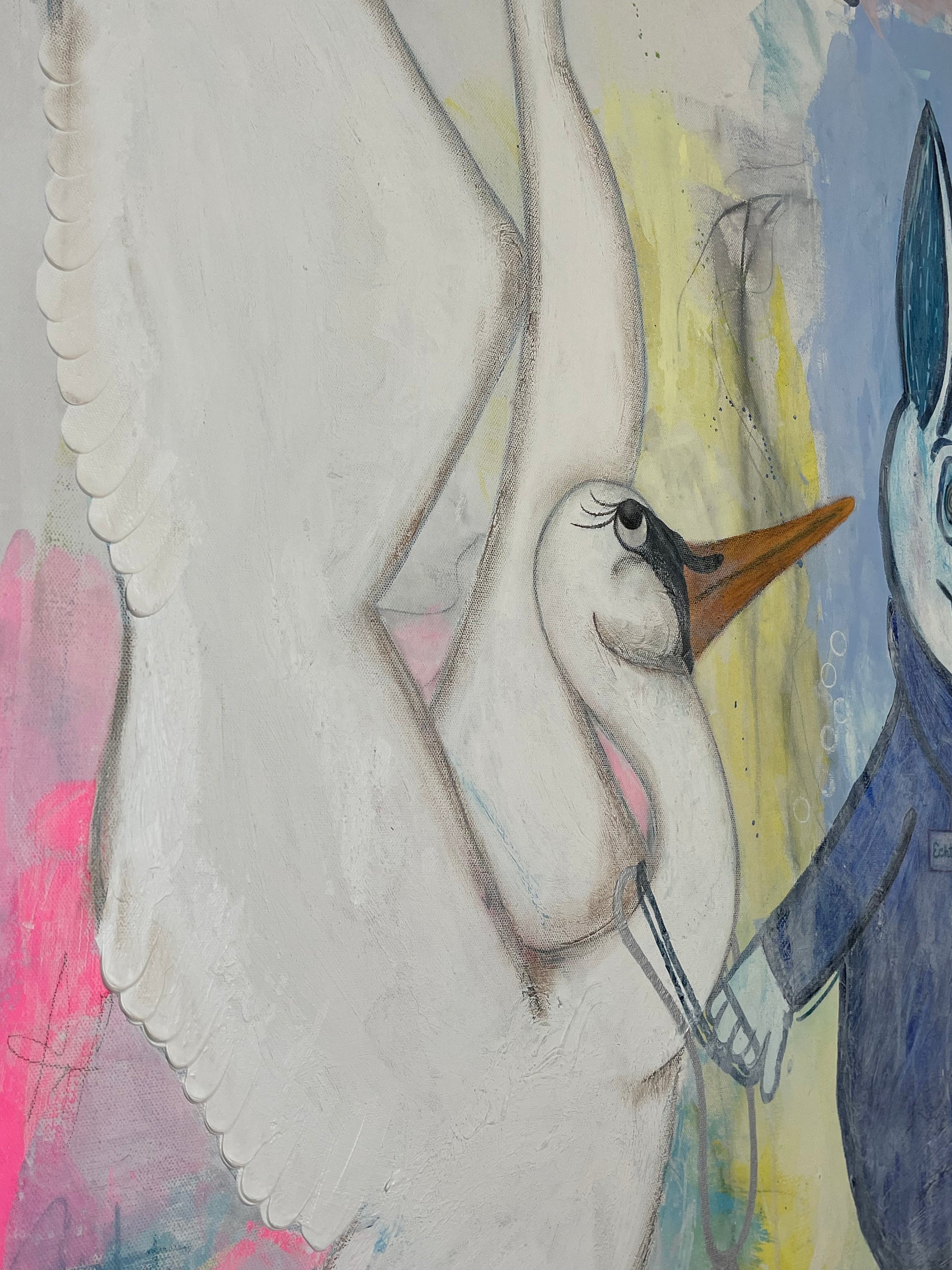 A surreal mixed-media painting features a humanoid rabbit in a blue jumpsuit shaking pulling a large white swan by the leash. The rabbit has an expressive face with blue eyes and exaggerated features, while the bird has a sly expression. The background consists of abstract textures and brushstrokes in blue, yellow, pink, and gray, with elements like a clock, clouds, and striped patterns. The painting has a dreamlike, whimsical quality, blending street art and surrealism styles while using symbolism.