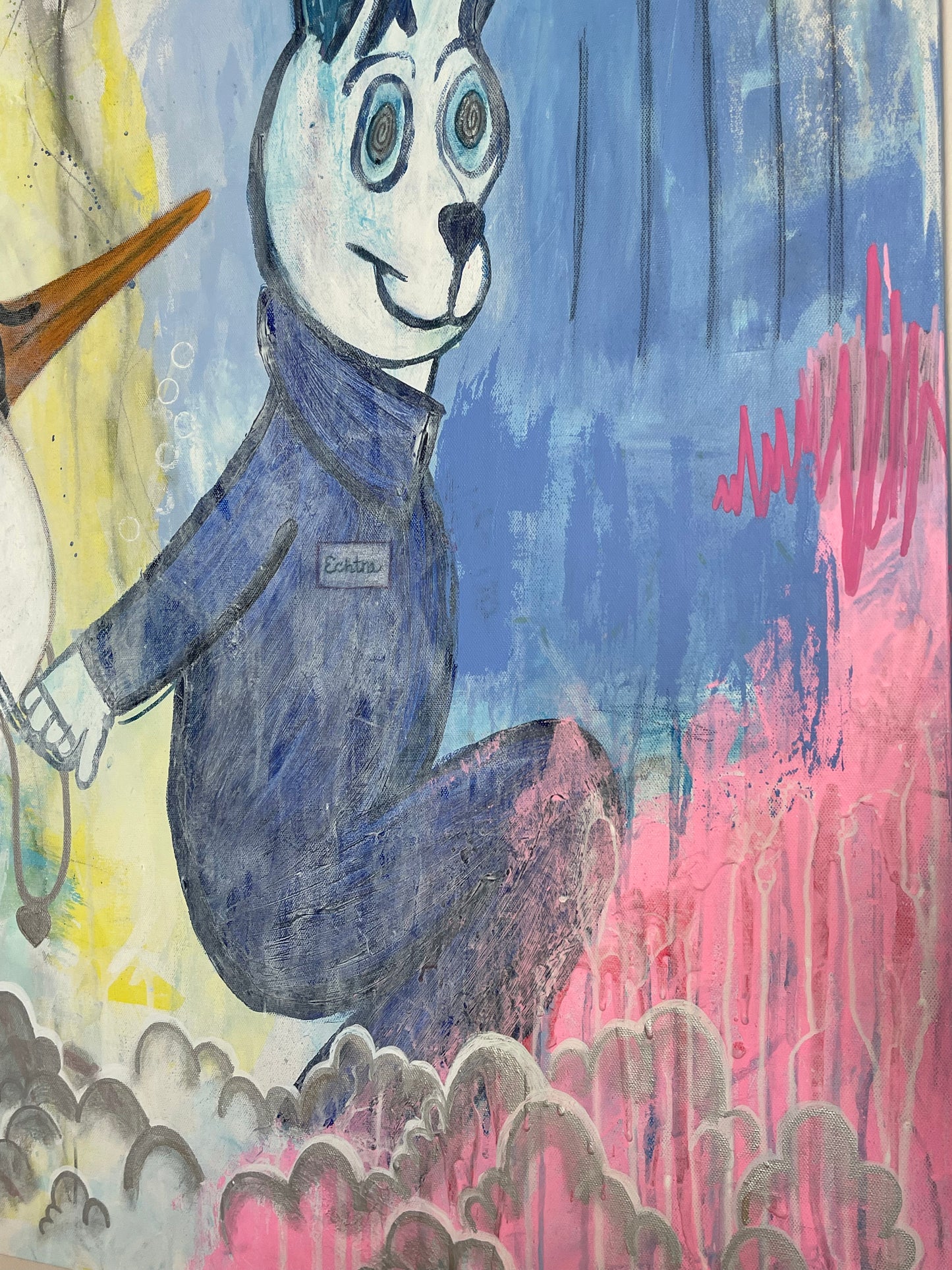 A closeup of an affordable abstract expressionist painting for sale by Chicago artist Sarah Henry that is zoomed in on an oversized rabbit in a blue jumpsuit pulling a large white swan by the leash. The background consists of abstract textures and brushstrokes in blue, yellow, pink, green, and gray, with elements like a clock, clouds, and striped patterns. The painting has a dreamlike, whimsical quality, blending street art and surrealism styles that make it unique artwork.