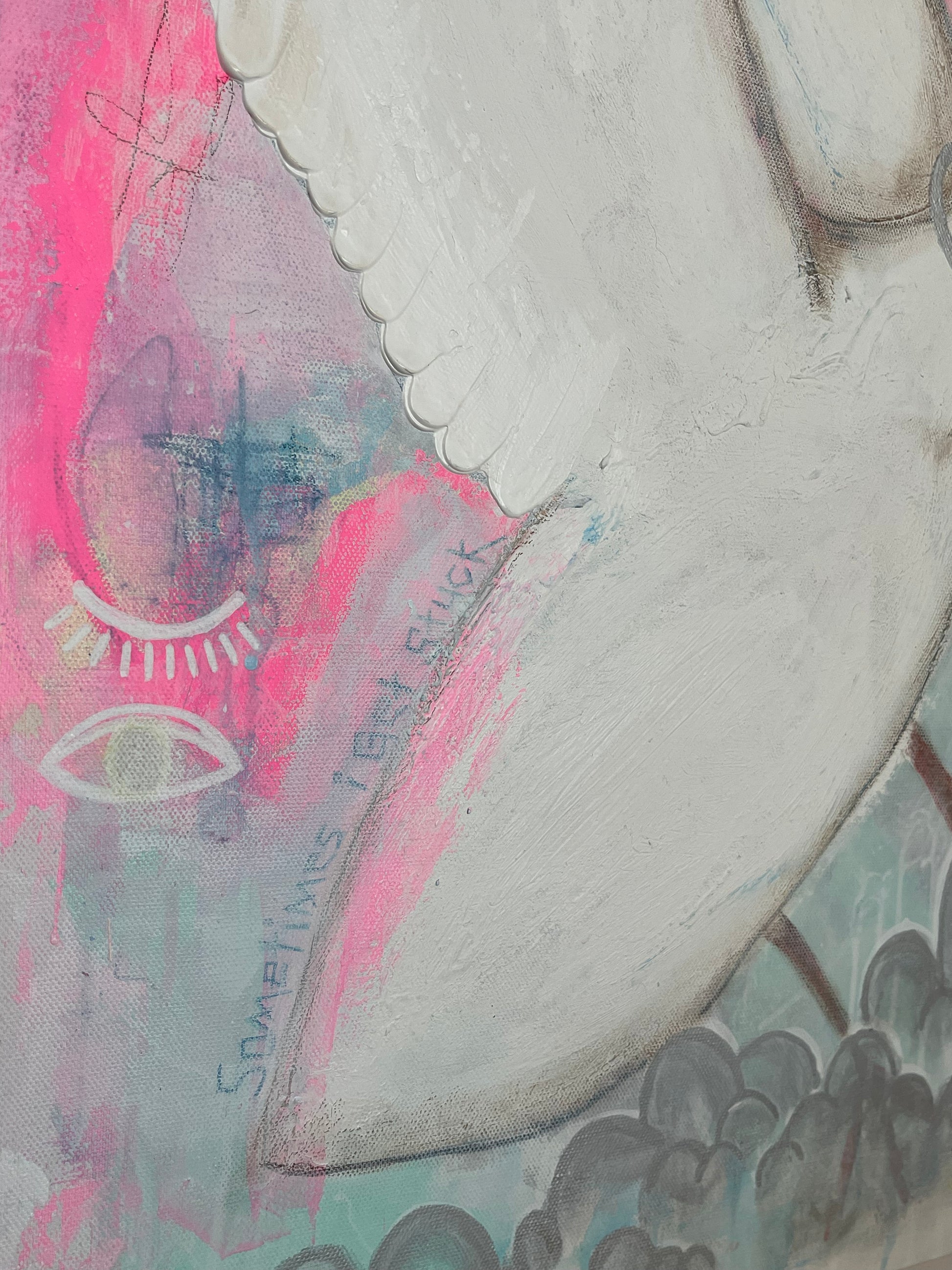 A surreal mixed-media painting features a humanoid rabbit in a blue jumpsuit shaking pulling a large white swan by the leash. The rabbit has an expressive face with blue eyes and exaggerated features, while the bird has a sly expression. The background consists of abstract textures and brushstrokes in blue, yellow, pink, and gray, with elements like a clock, clouds, and striped patterns. The painting has a dreamlike, whimsical quality, blending street art and surrealism styles while using symbolism.