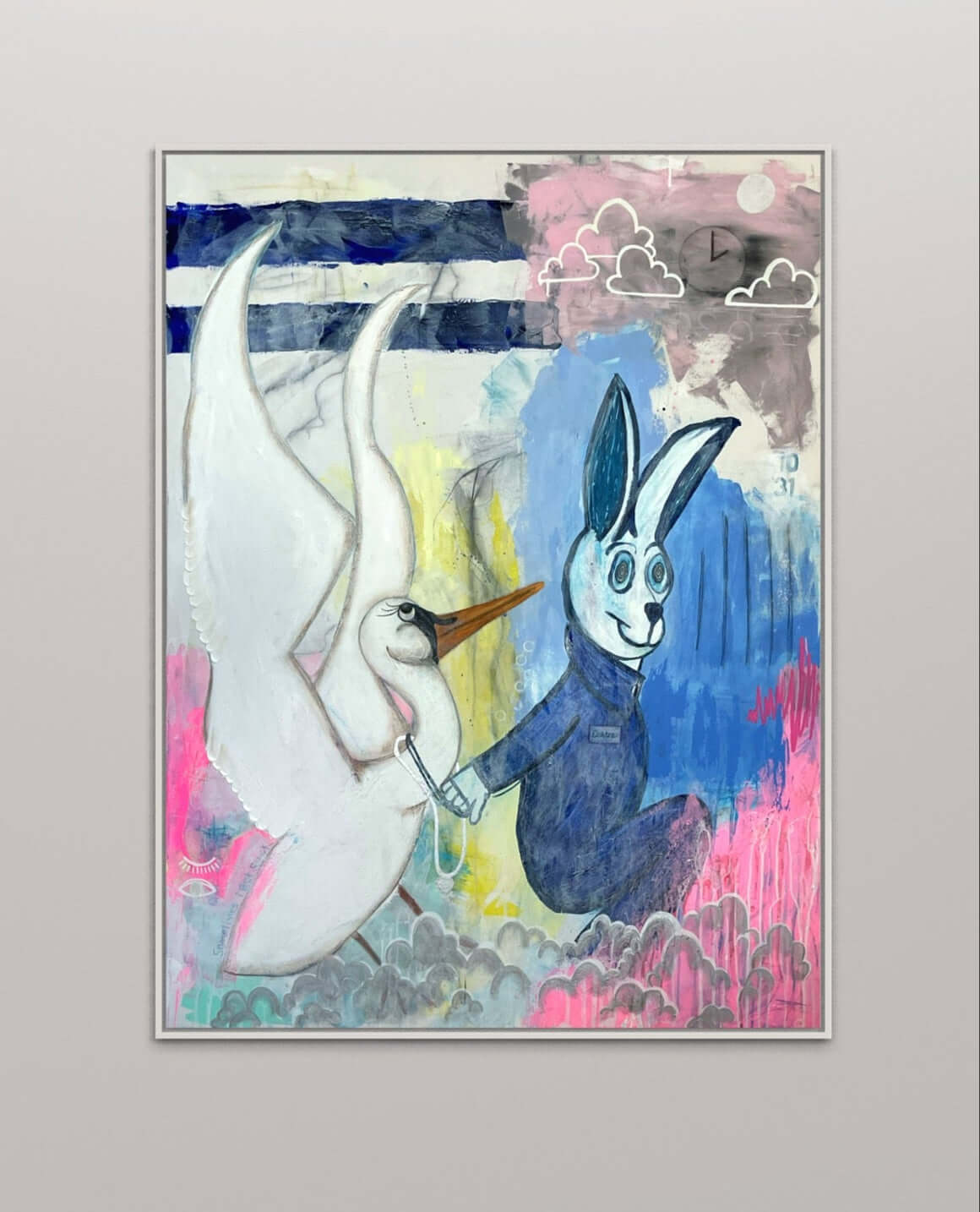 An affordable abstract expressionist painting for sale by Chicago artist Sarah Henry that features an oversized rabbit in a blue jumpsuit pulling a large white swan by the leash. The background consists of abstract textures and brushstrokes in blue, yellow, pink, green, and gray, with elements like a clock, clouds, and striped patterns. The painting has a dreamlike, whimsical quality, blending street art and surrealism styles that make it unique artwork.