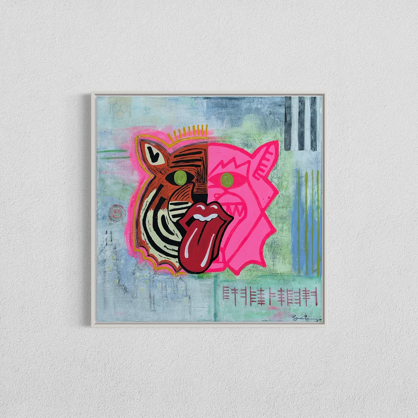 A 20 inch by 20 inch afordable abstract expressionist original painting by Sarah Henry Art featuring a dual faced tiger, one side orange the other pink, with a honey comb, black and white stripes, the Chicago skyline, a smiley face, and ogham writing stating not silenced.