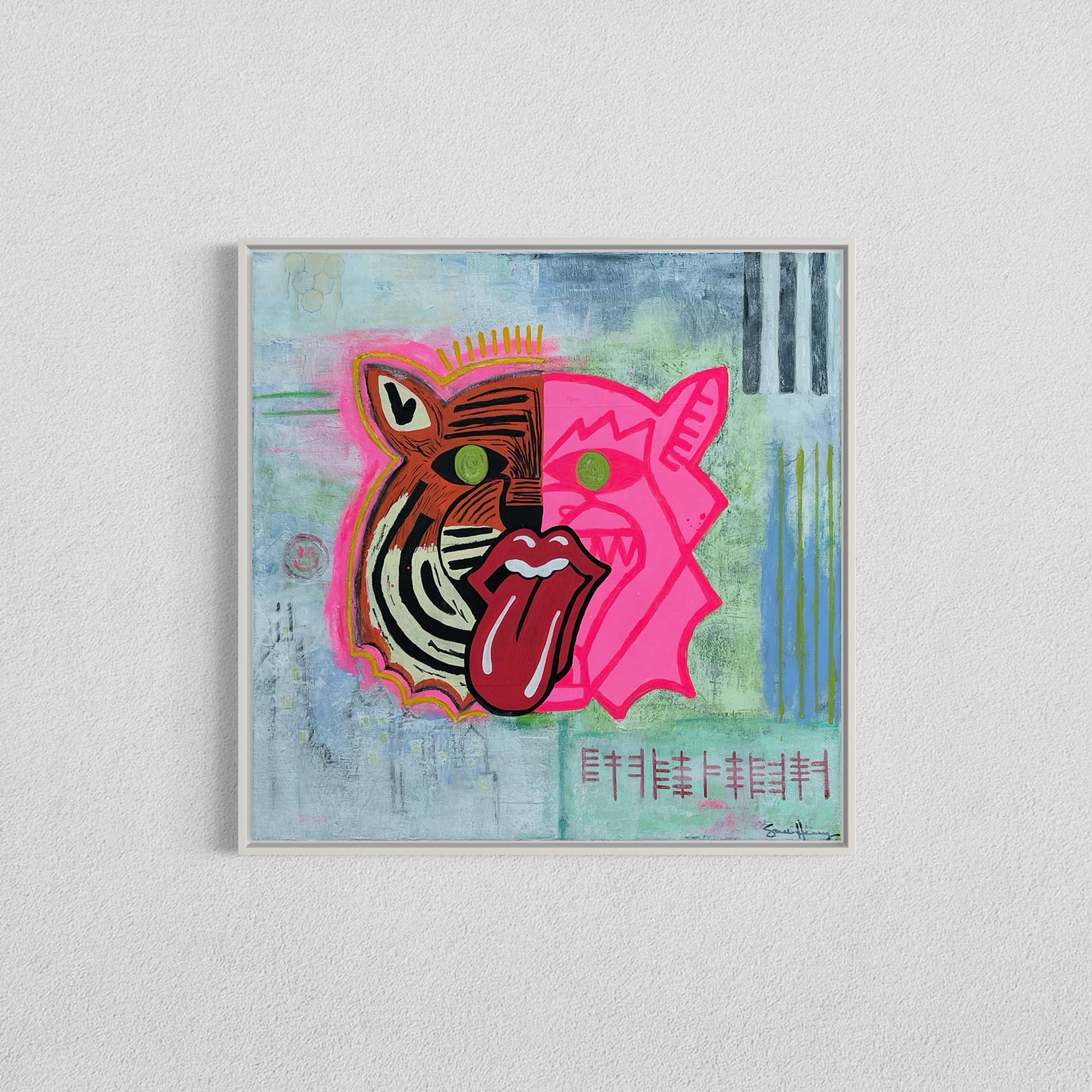 A 20 inch by 20 inch afordable abstract expressionist original painting by Sarah Henry Art featuring a dual faced tiger, one side orange the other pink, with a honey comb, black and white stripes, the Chicago skyline, a smiley face, and ogham writing stating not silenced.