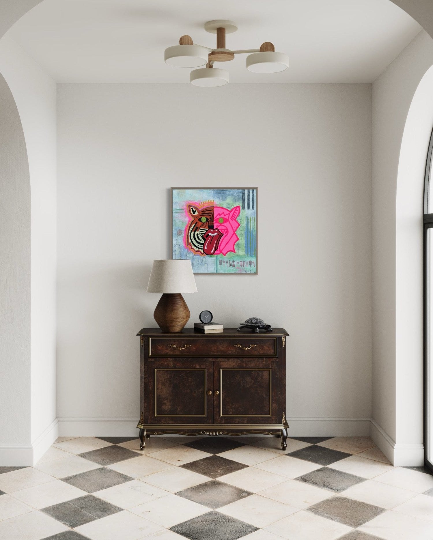 A 20 inch by 20 inch affordable abstract expressionist original painting by Sarah Henry Art featuring a dual faced tiger, one side orange the other pink, with a honey comb, black and white stripes, the Chicago skyline, a smiley face, and ogham writing stating not silenced hangs on a white wall in an entryway.