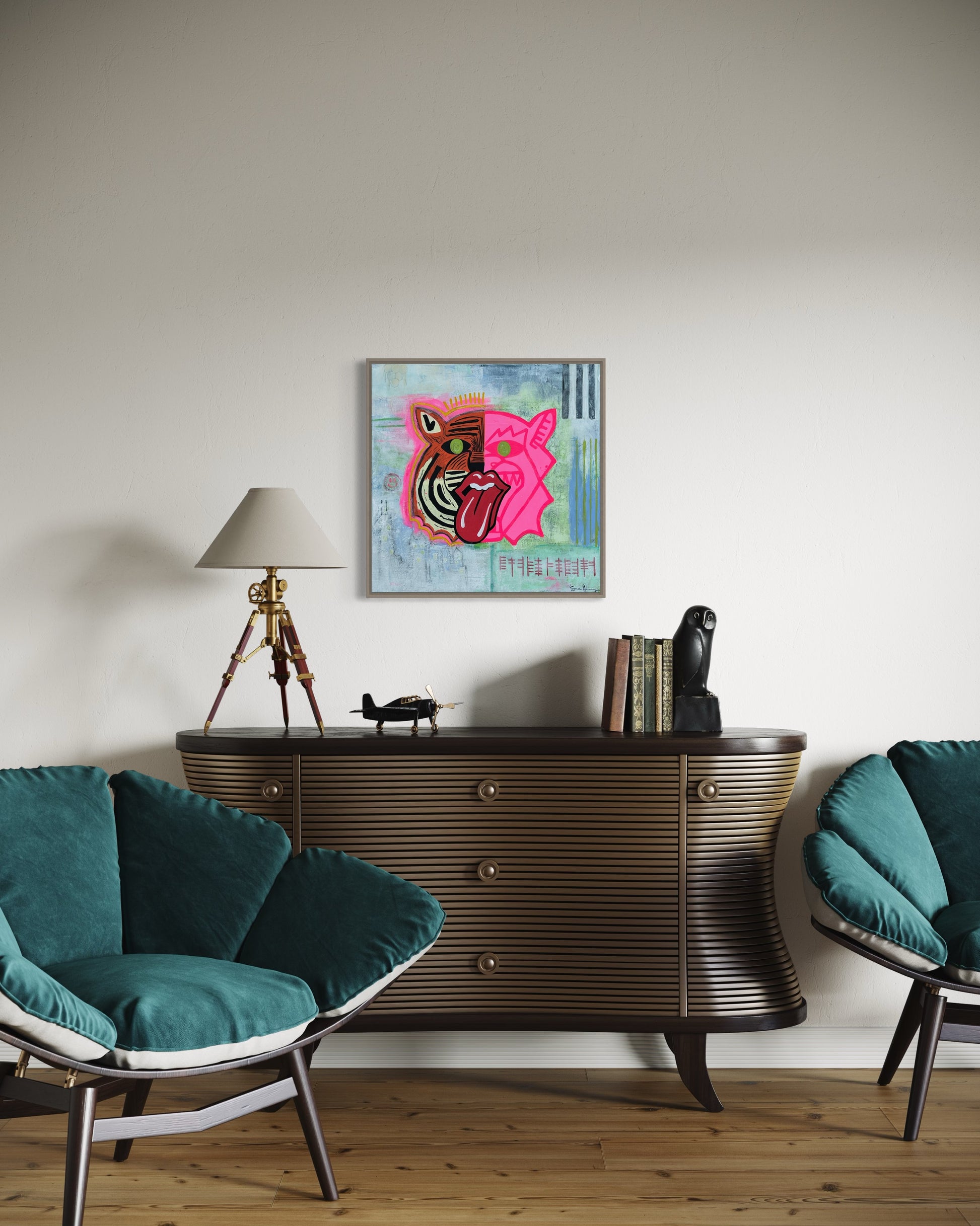 A 20 inch by 20 inch affordable abstract expressionist original painting by Sarah Henry Art featuring a dual faced tiger, one side orange the other pink, with a honey comb, black and white stripes, the Chicago skyline, a smiley face, and ogham writing stating not silenced hangs on a white wall in an entryway.