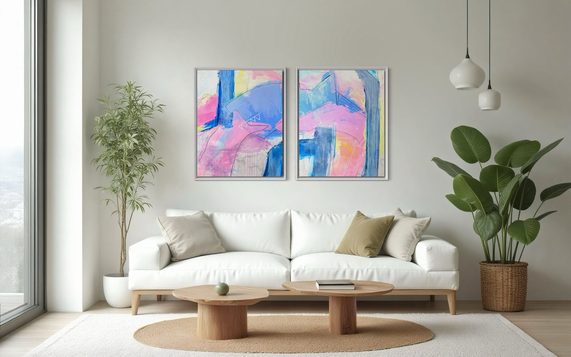 "Palm Beach " is a diptych of abstract paintings featuring soft, layered strokes in shades of pink, blue, and yellow. The compositions include geometric and organic shapes with subtle linear details, creating a harmonious and modern aesthetic. This affordable coastal grand millennial decor hangs in a palm beach style living room.