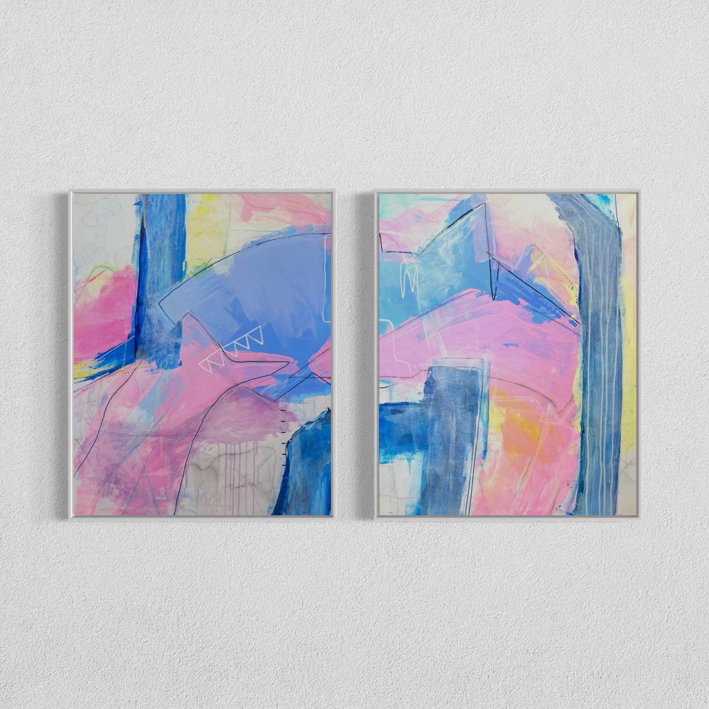 "Palm Beach " is a diptych of abstract paintings featuring soft, layered strokes in shades of pink, blue, and yellow. The compositions include geometric and organic shapes with subtle linear details, creating a harmonious and modern aesthetic. Each painting is 24"x30" on a traditional profile stretched cotton canvas.
This affordable original painting set comes ready to hang with a Certificate of Authenticity and is perfect for the preppy grand millennial and palm beach aesthetic.