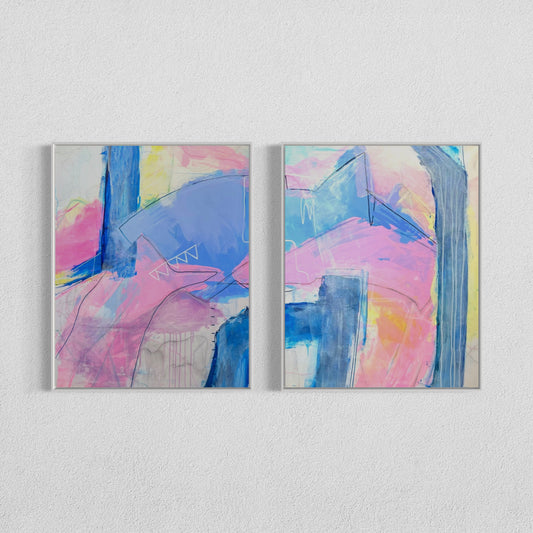"Palm Beach " is a diptych of abstract paintings featuring soft, layered strokes in shades of pink, blue, and yellow. The compositions include geometric and organic shapes with subtle linear details, creating a harmonious and modern aesthetic. Each painting is 24"x30" on a traditional profile stretched cotton canvas.
This affordable original painting set comes ready to hang with a Certificate of Authenticity and is perfect for the preppy grand millennial and palm beach aesthetic.