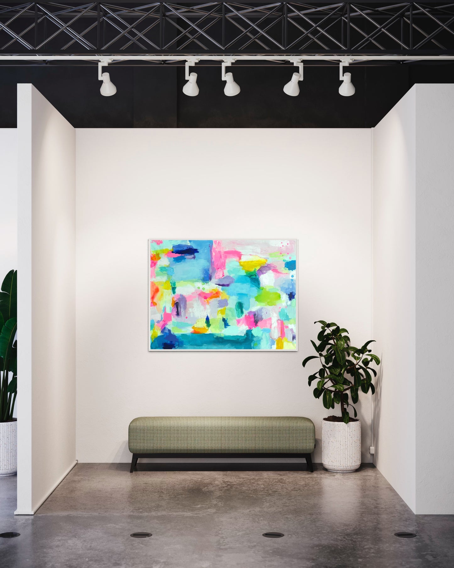 The Dolly Original Abstract Painting by Sarah Henry as part of the Happy Art Collection hanging in a gallery above a bench beside an indoor plant