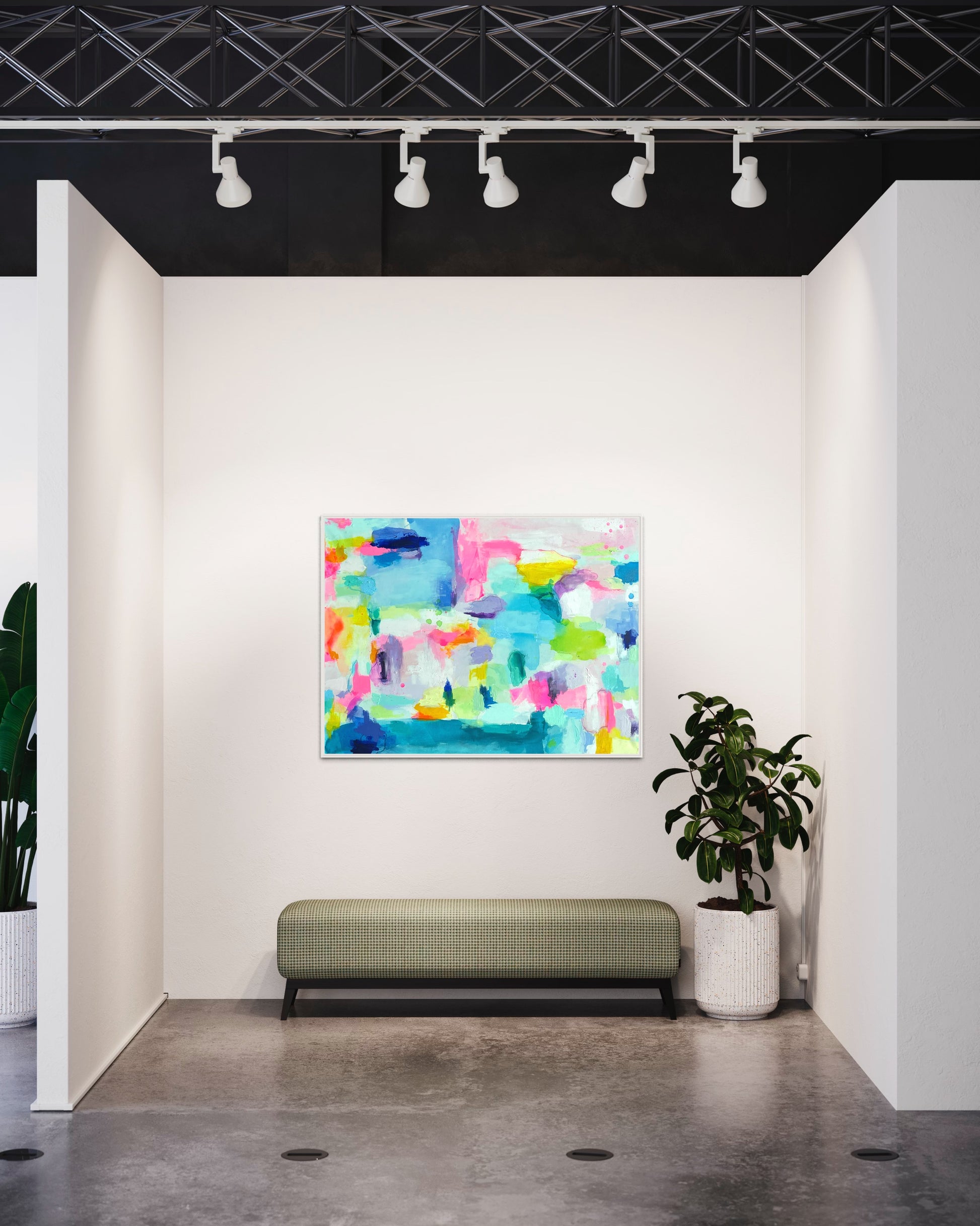The Dolly Original Abstract Painting by Sarah Henry as part of the Happy Art Collection hanging in a gallery above a bench beside an indoor plant