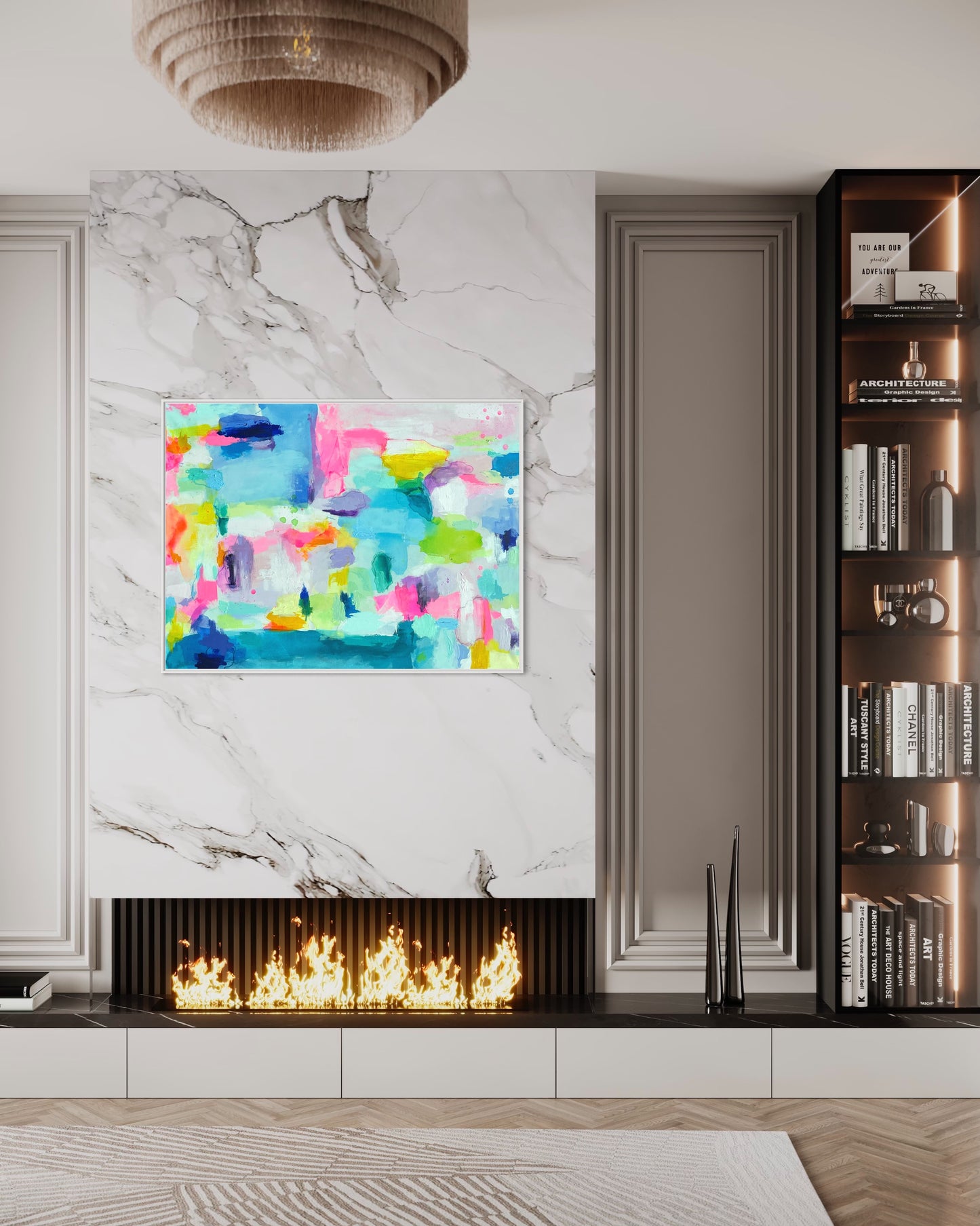 The Dolly Original Abstract Painting by Sarah Henry as part of the Happy Art Collection, shown hanging on a marble slab above a modern fireplace in a luxury condo apartment.