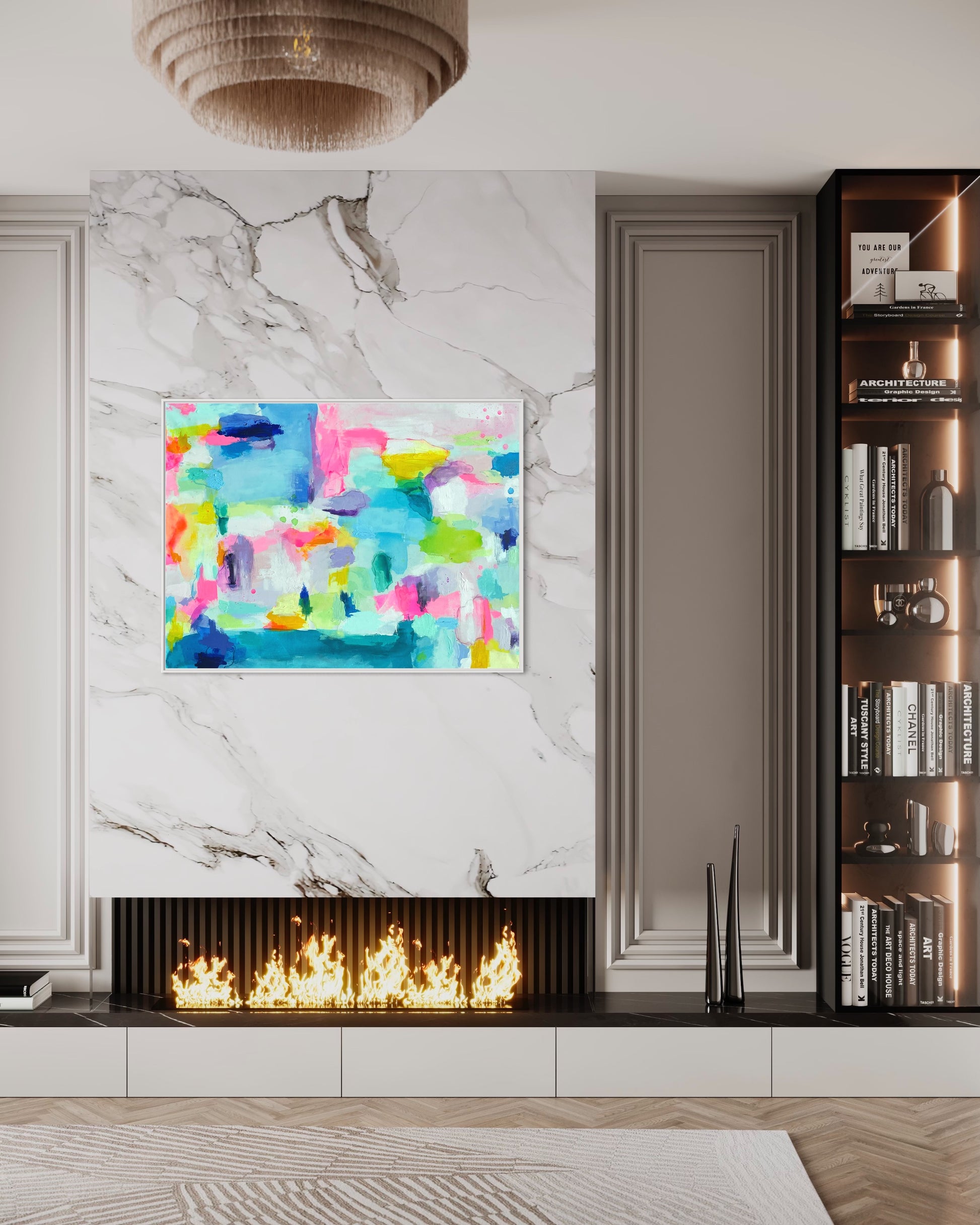 The Dolly Original Abstract Painting by Sarah Henry as part of the Happy Art Collection, shown hanging on a marble slab above a modern fireplace in a luxury condo apartment.