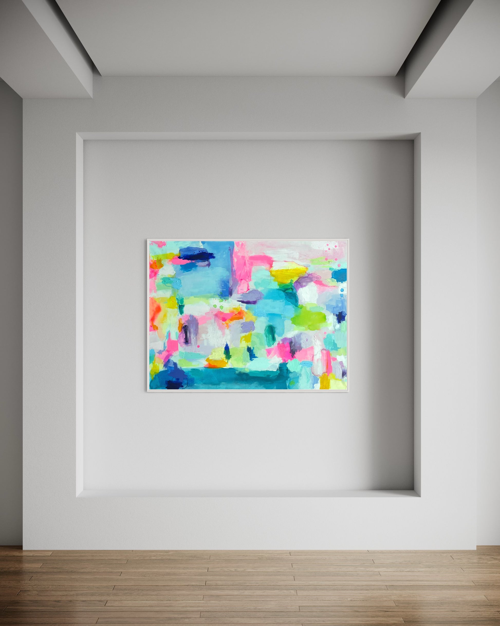 The Dolly Original Abstract Painting by Sarah Henry as part of the Happy Art Collection hanging in an art gallery