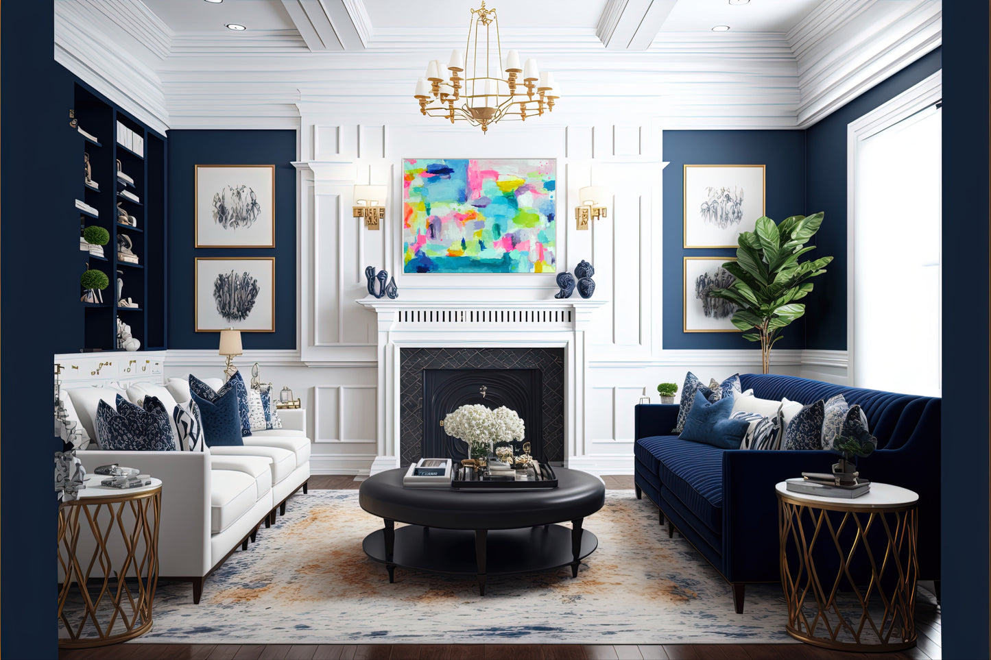The Dolly Original Abstract Painting by Sarah Henry as part of the Happy Art Collection, shown hanging above a white fireplace in a living room painting dark blue with a white couch facing a dark blue navy couch and a round coffee table between them with a hydrangea bouquet and coffee table books.