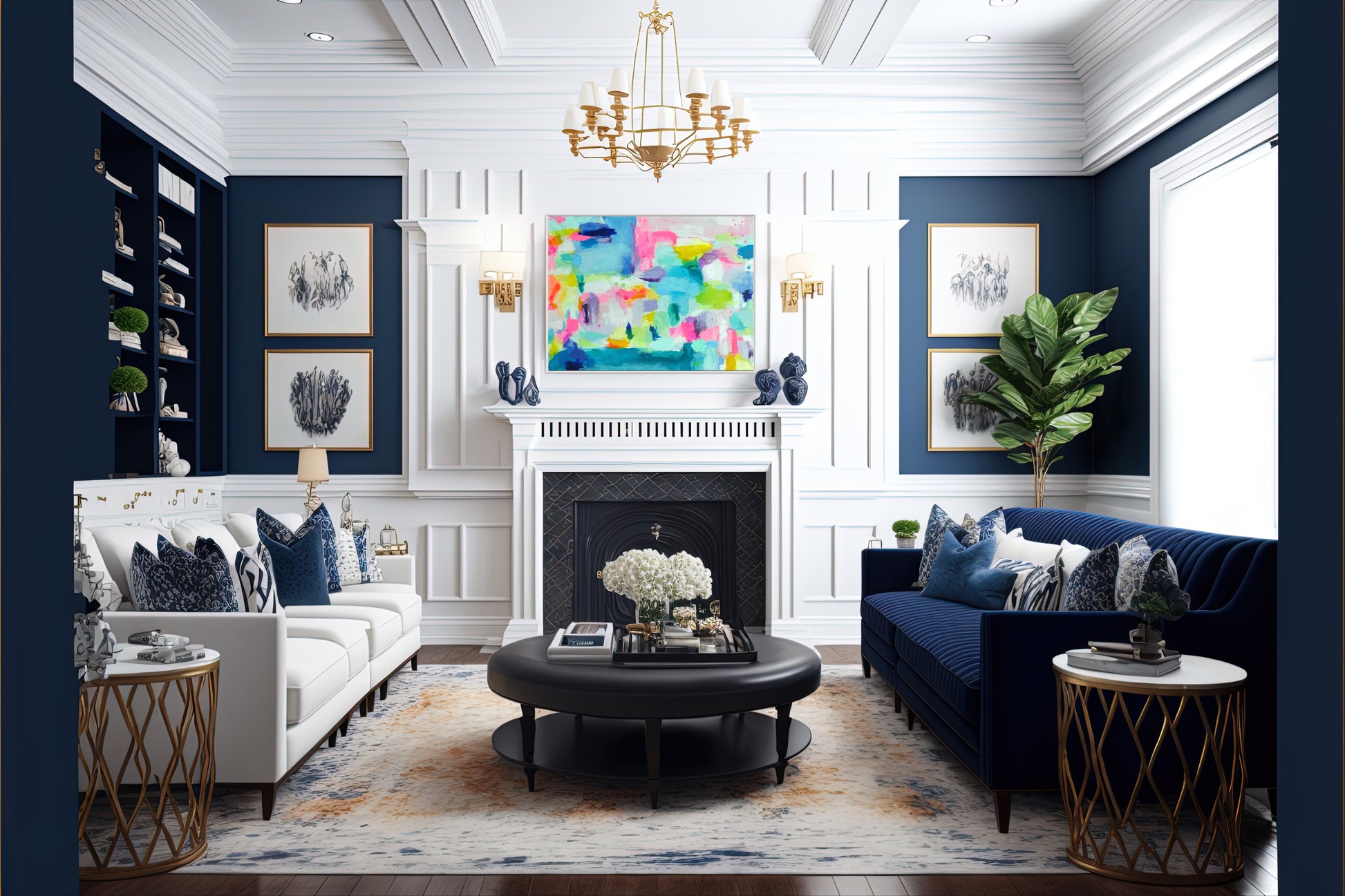 The Dolly Original Abstract Painting by Sarah Henry as part of the Happy Art Collection, shown hanging above a white fireplace in a living room painting dark blue with a white couch facing a dark blue navy couch and a round coffee table between them with a hydrangea bouquet and coffee table books.