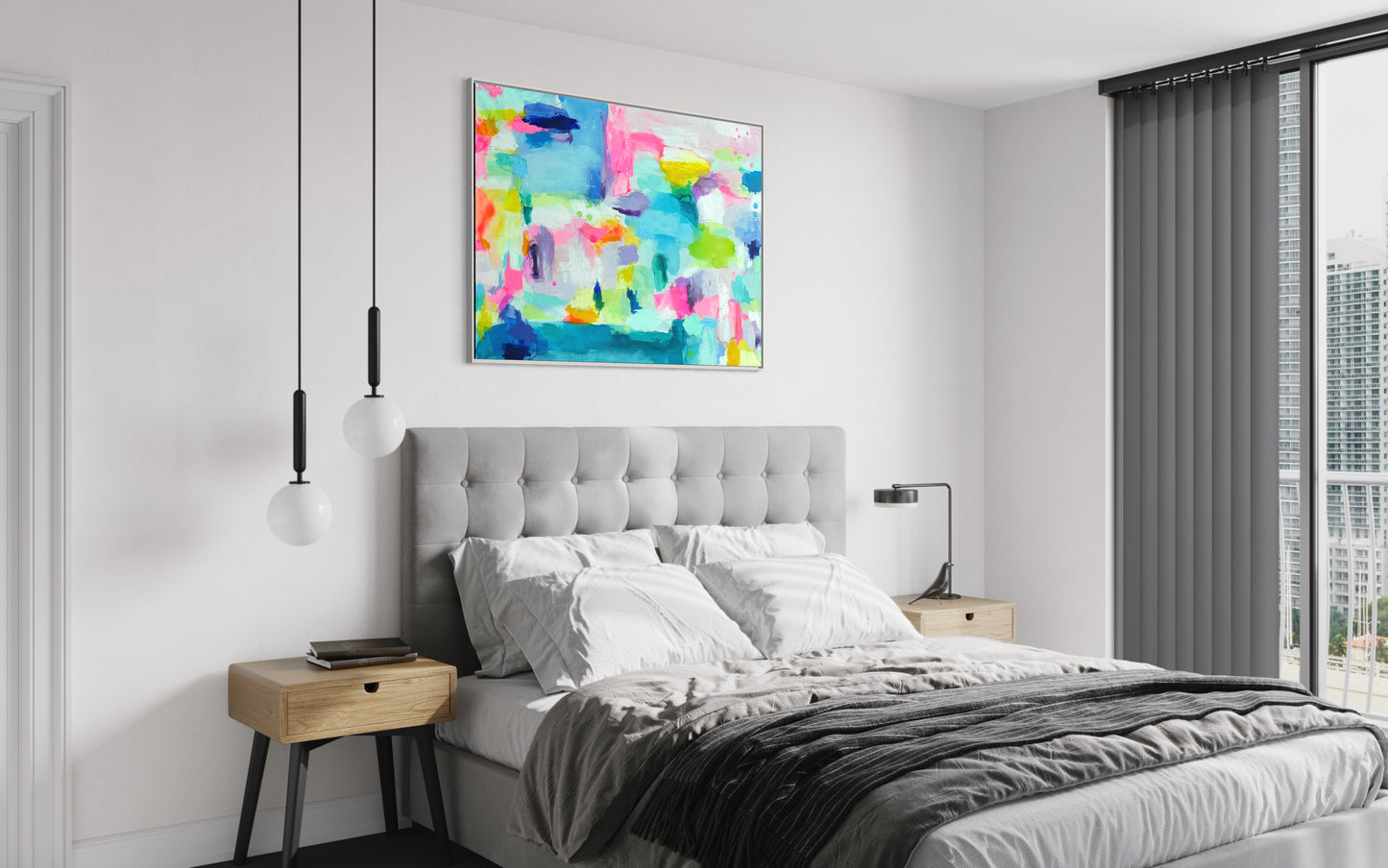 The Dolly Original Abstract Painting by Sarah Henry in a modern apartment condo high rise hanging above a gray queen size bed next to a floor to ceiling window