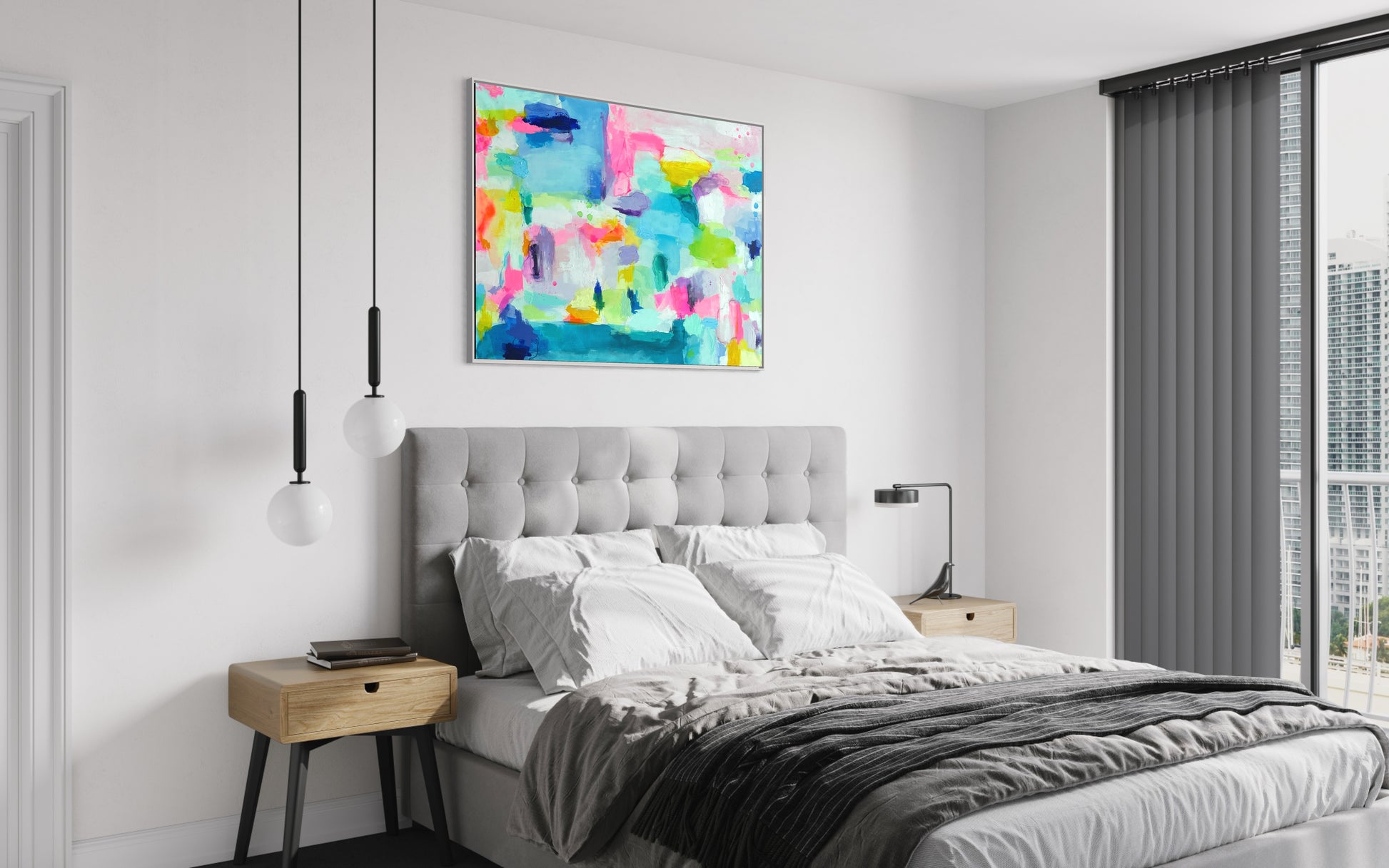 The Dolly Original Abstract Painting by Sarah Henry in a modern apartment condo high rise hanging above a gray queen size bed next to a floor to ceiling window
