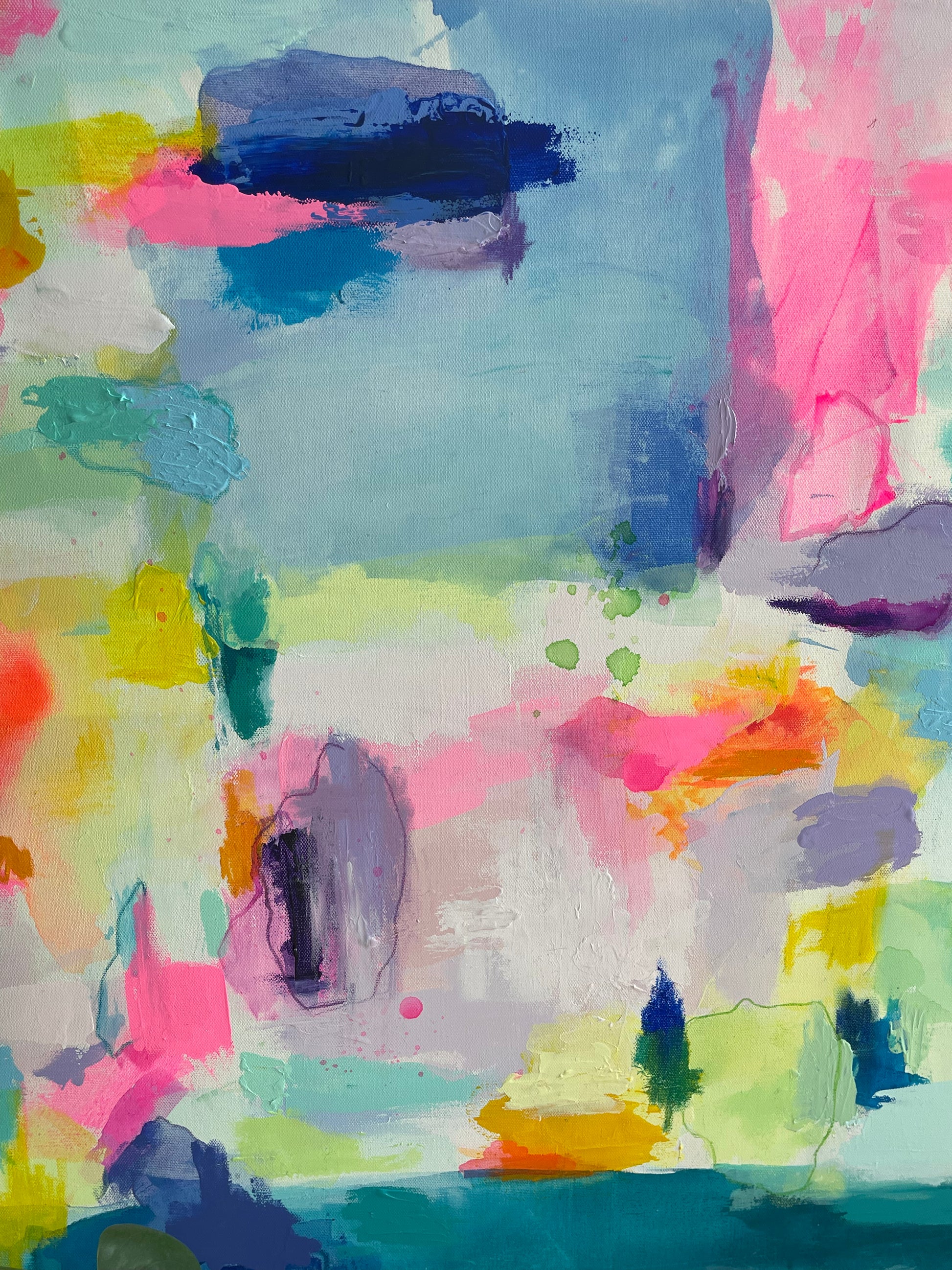 A close up of The Dolly Original Abstract Painting by Sarah Henry as part of the Happy Art Collection, showing the variance in water color paint viscosity and the texture of heavy acrylics.