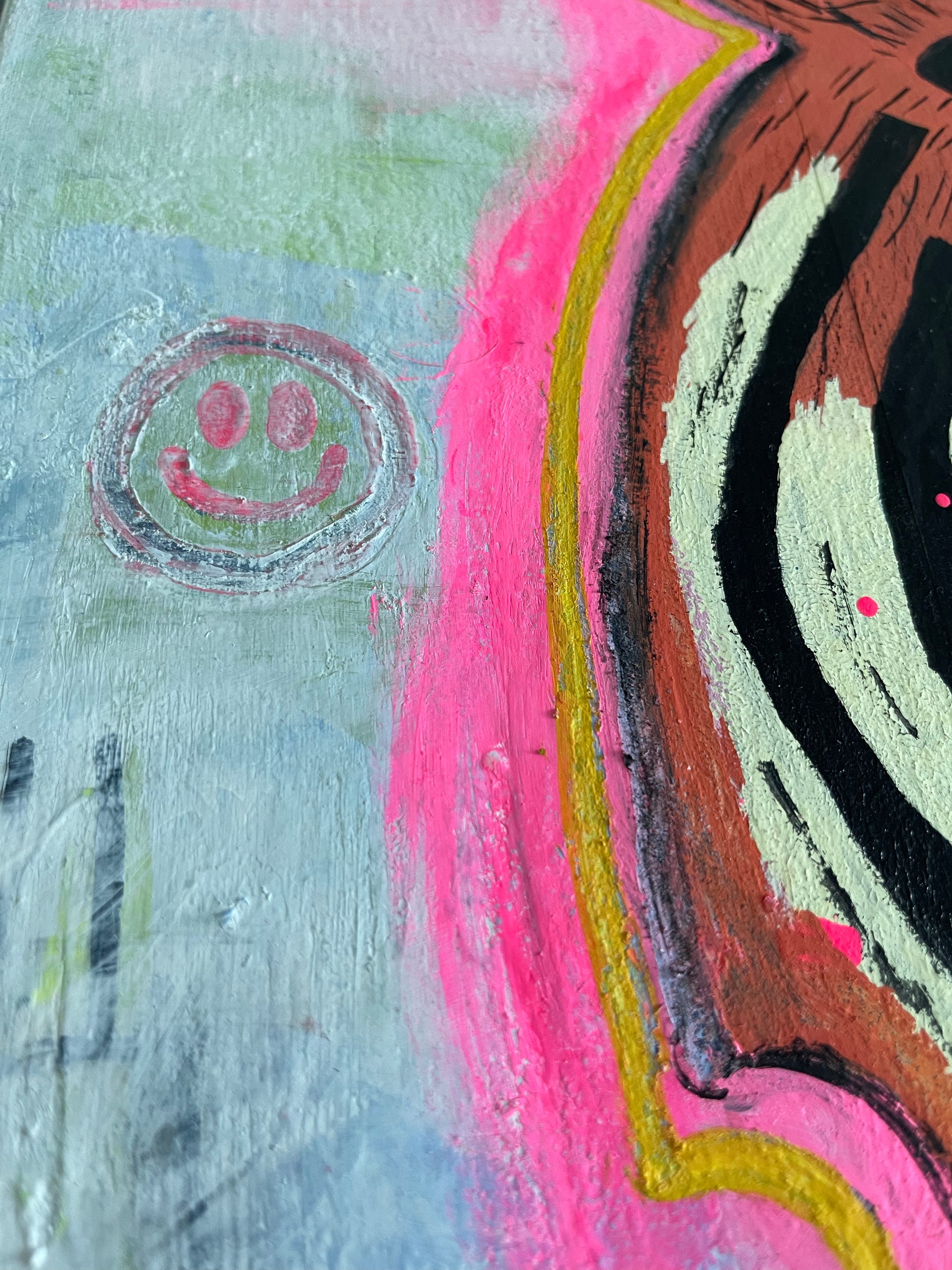 The bottom left zoomed portion of the painting titled Chewing Consciousness Into Pieces Original Painting by Sarah Henry Art