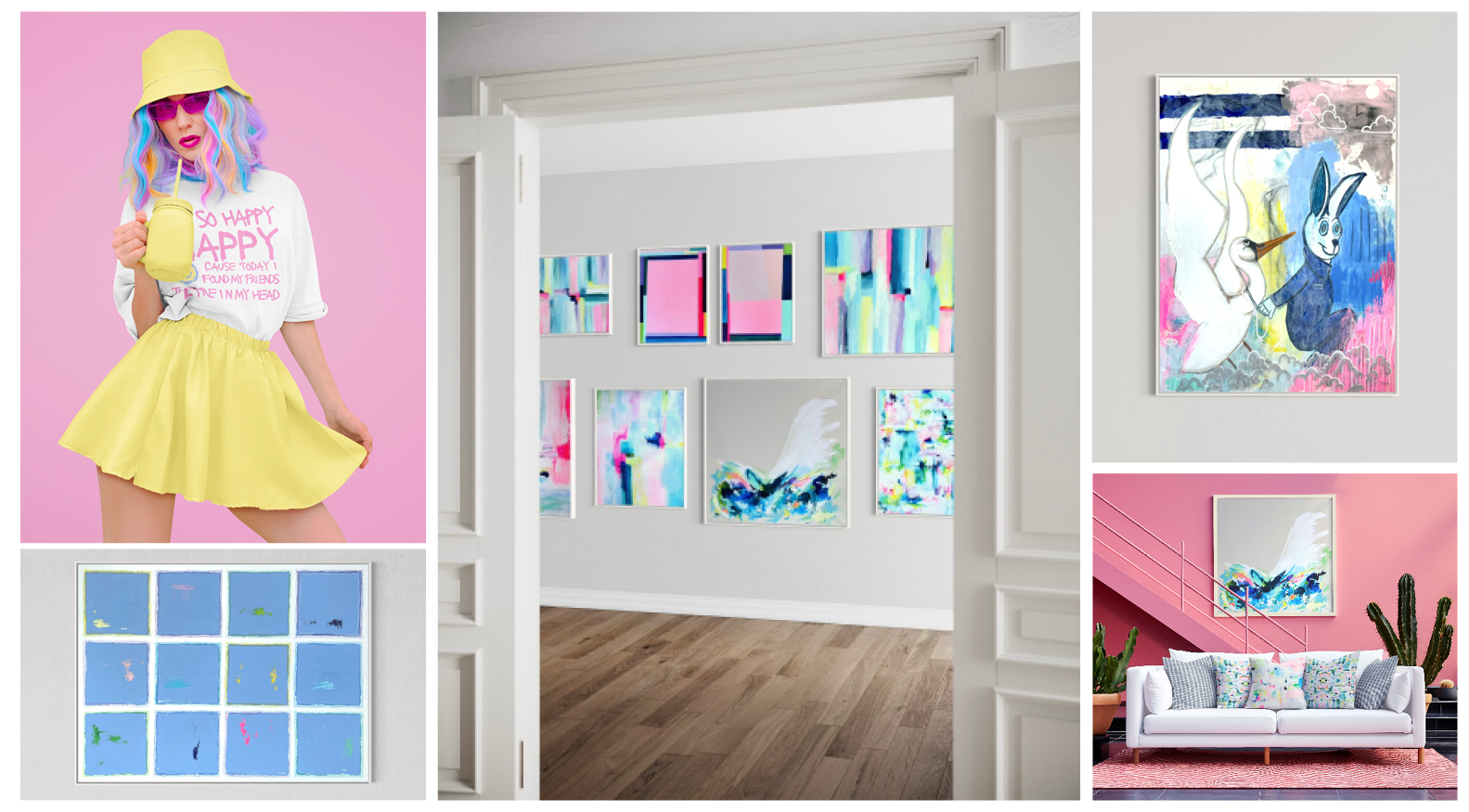 This collage features abstract wall art, a pastel and neon aesthetic with various elements: A stylish woman wearing an eclectic pastel yellow bucket hat and skirt, a white graphic T-shirt made by Sarah Henry, A modern interior with a gallery wall displaying abstract paintings, A framed abstract expressionist artwork, A grid-style abstract painting with Grand Millennial Blue colors, and A contemporary living room with a pink accent wall, and a white sofa adorned with hand painted art patterned pillows.