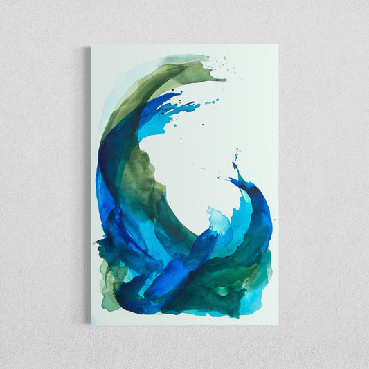 Before The Crash is an affordable  24"x36" Original Abstract Ocean Watercolor Painting in Blues and Greens and hangs on a white wall.