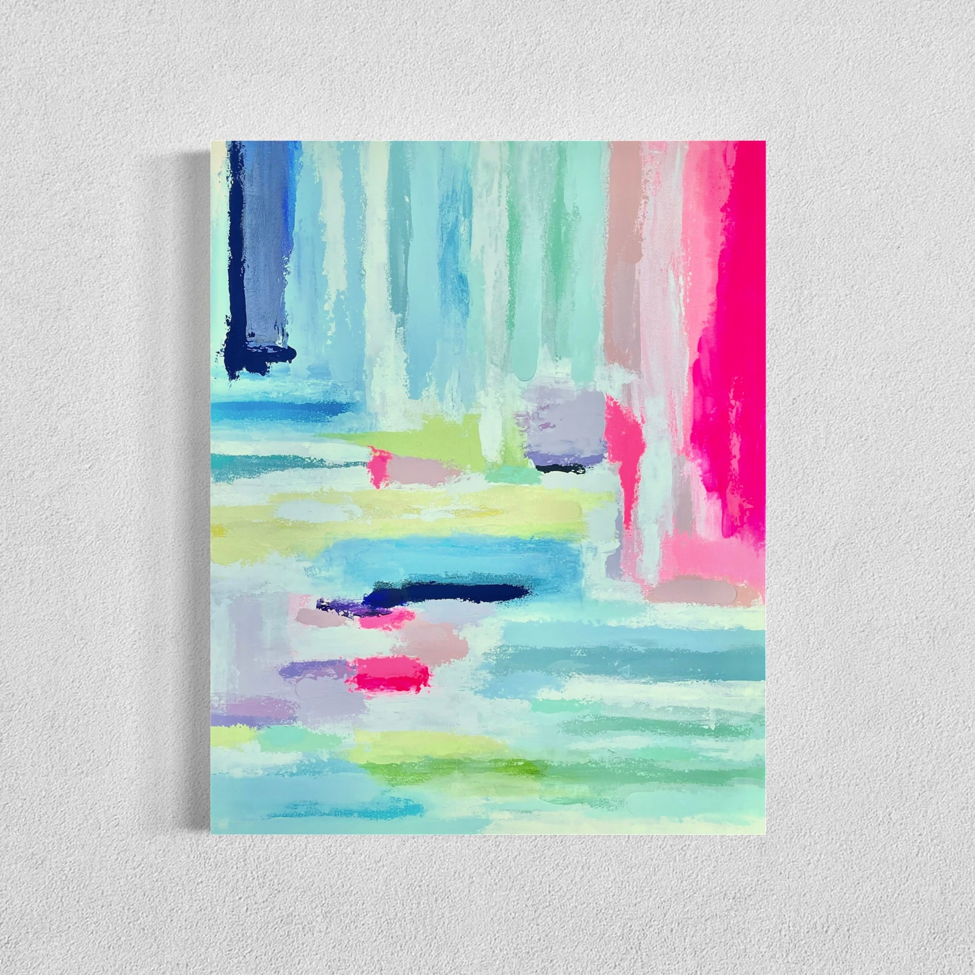 Abstract painting from the Happy Art Collection featuring soft pastel tones with vivid pink, blue, and yellow accents, inspired by the original piece 'Cotton Candy'
